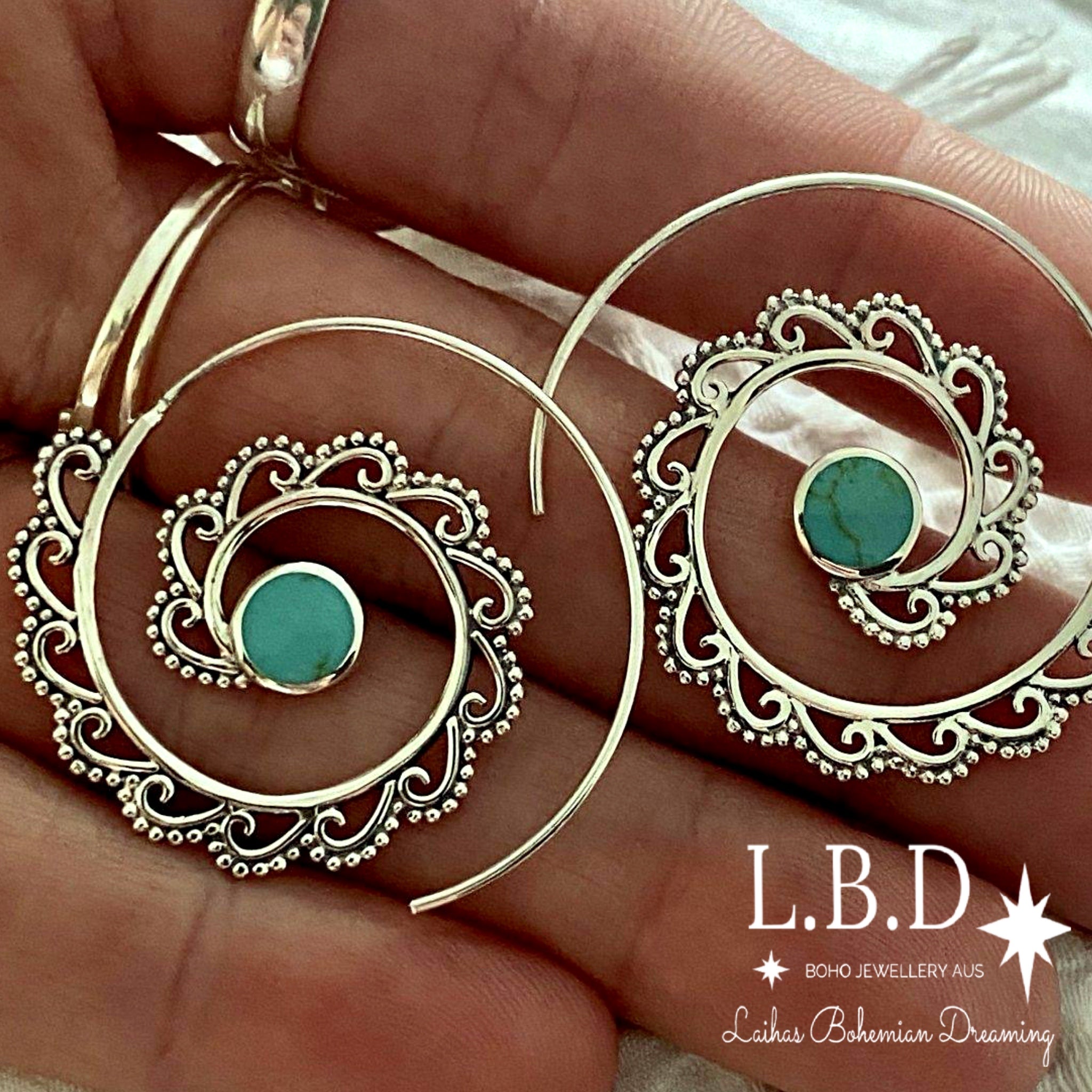 Laihas Boho Spiral Hoop Earrings - Sterling Silver Turquoise Jewelry for Women | Perfect for Casual Wear, Parties & Gift Giving