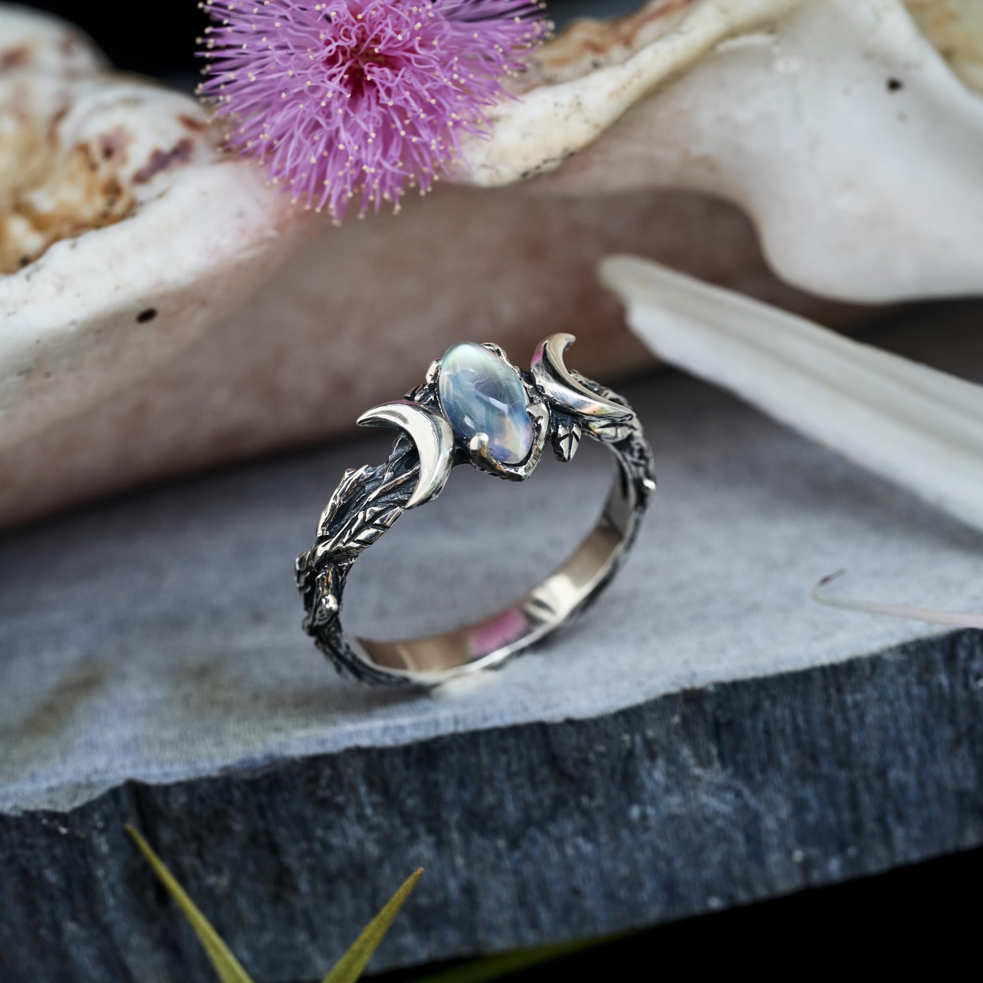 BlackTree 925 Sterling Silver Moonstone Ring - Marquise Cut Rainbow Moonstone Handmade Celestial Jewelry for Women | Size 3 US | Perfect for Engagement, Wedding, Anniversary & Boho Fashion