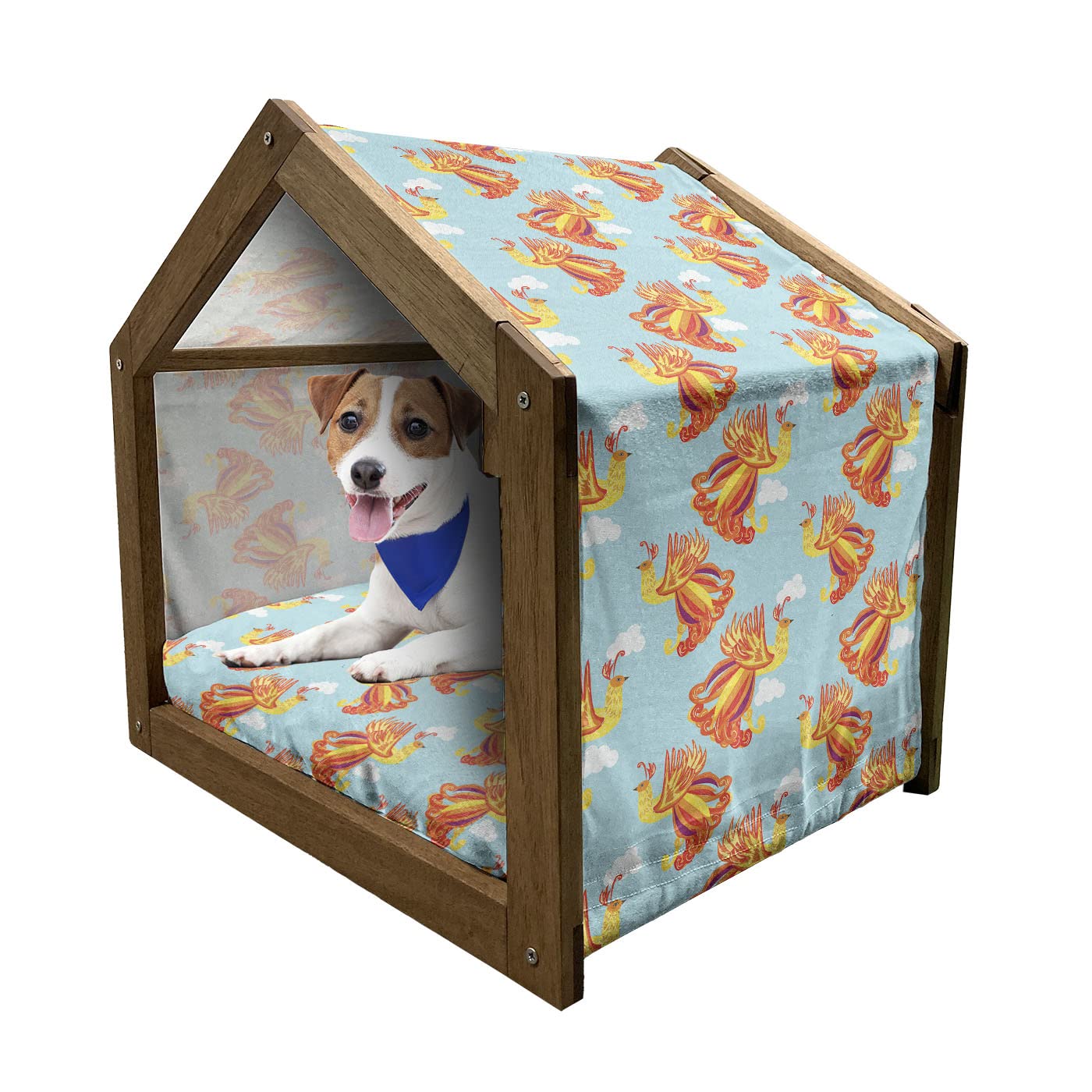 Ambesonne Phoenix Wooden Pet House - Indoor & Outdoor Portable Dog Kennel with Pillow & Cover - Small Size Vermilion Pale Blue - Cartoon Bird Design with Feather Cloud Sky Reborn Theme - Perfect for Home, Garden, or Travel Use