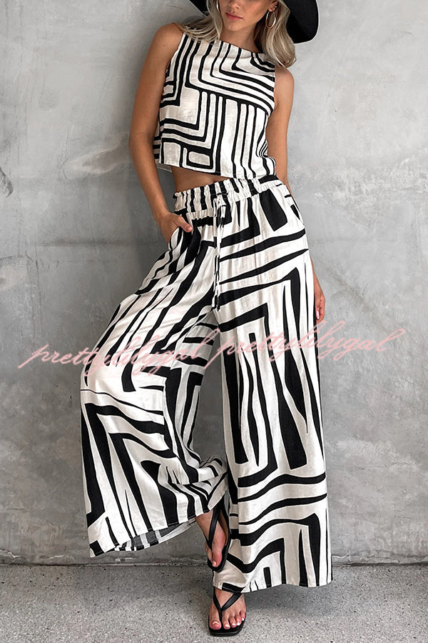 Women's Striped Printed Sleeveless Casual Top & Elastic Waist Loose Pocket Wide Leg Pants Set - Summer Outfit for Beach, Travel and Daily Wear