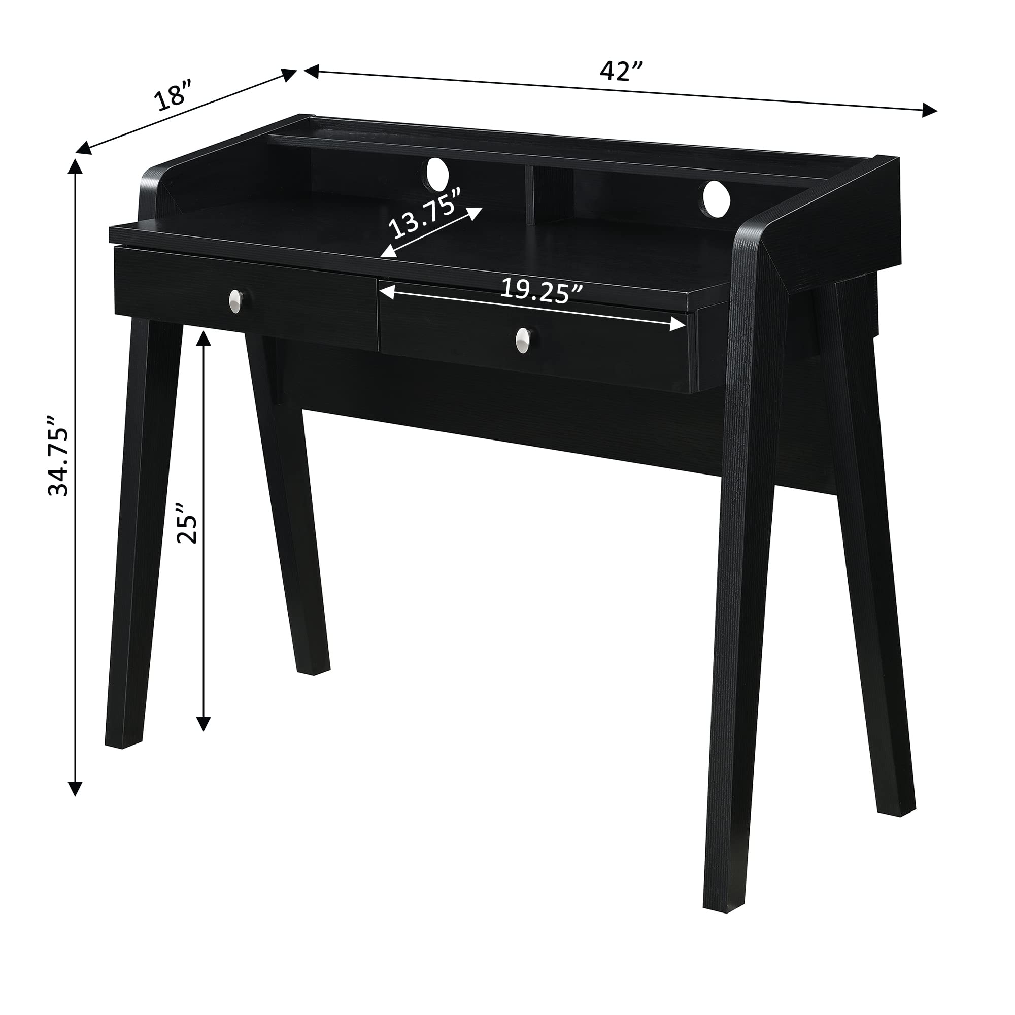 Convenience Concepts Newport Deluxe 2-Drawer Writing Desk with Storage Shelf - Black Finish for Home Office & Study Room
