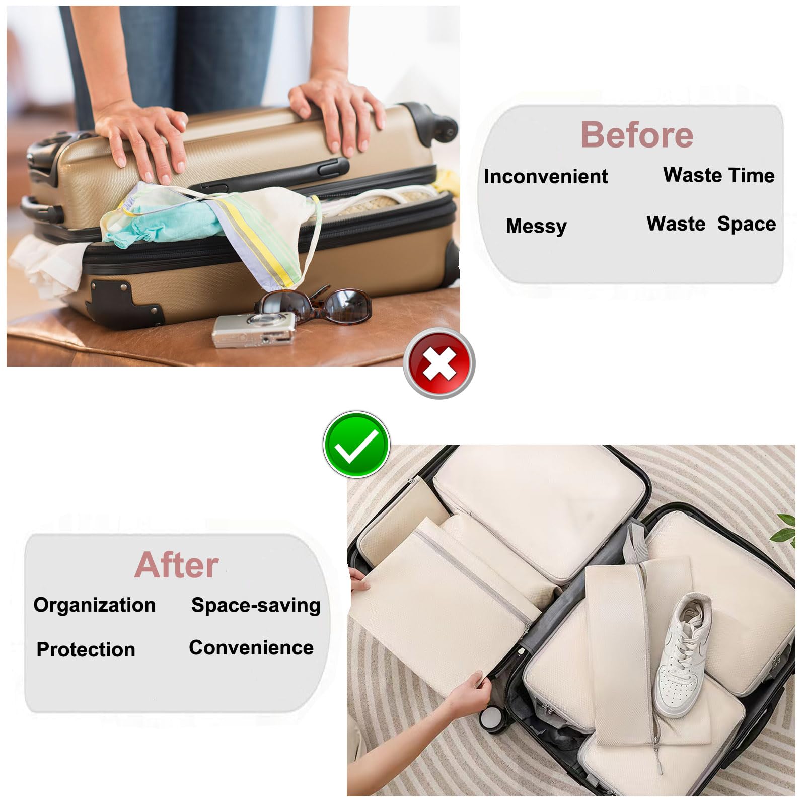 8-Piece Compression Packing Cubes Set - Lightweight Expandable Travel Organizers for Carry-On Suitcases & Luggage Accessories (Beige) - Perfect for Business Trips, Vacations & Weekend Getaways
