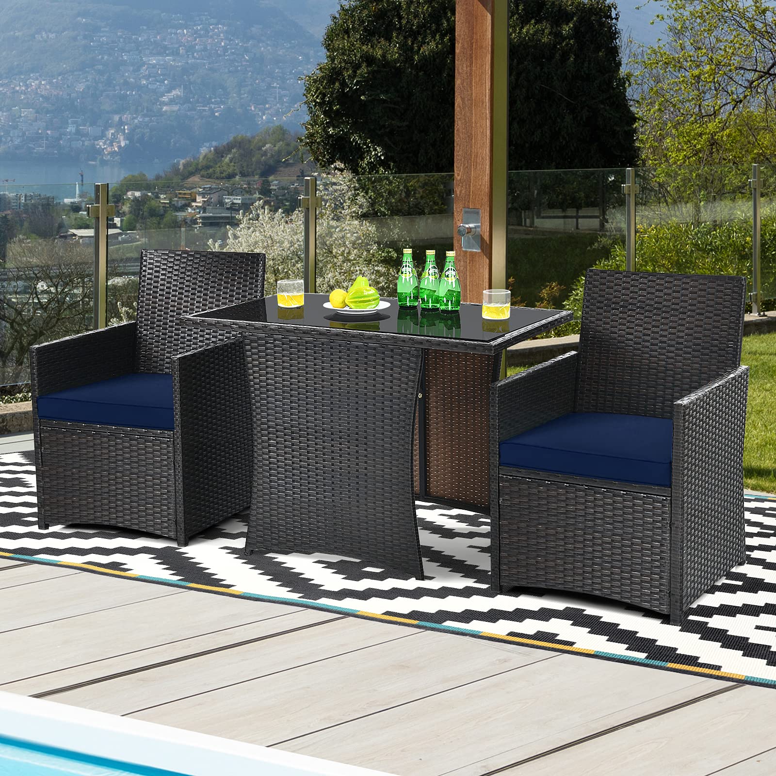 Tangkula 3-Piece Outdoor Dining Set - Space-Saving PE Rattan Bistro Set with Tempered Glass Table & Cushioned Chairs - Perfect for Garden, Backyard, Poolside, Patio, Porch & Balcony (Blue) | Weather-Resistant Outdoor Furniture for Relaxing & Entertaining