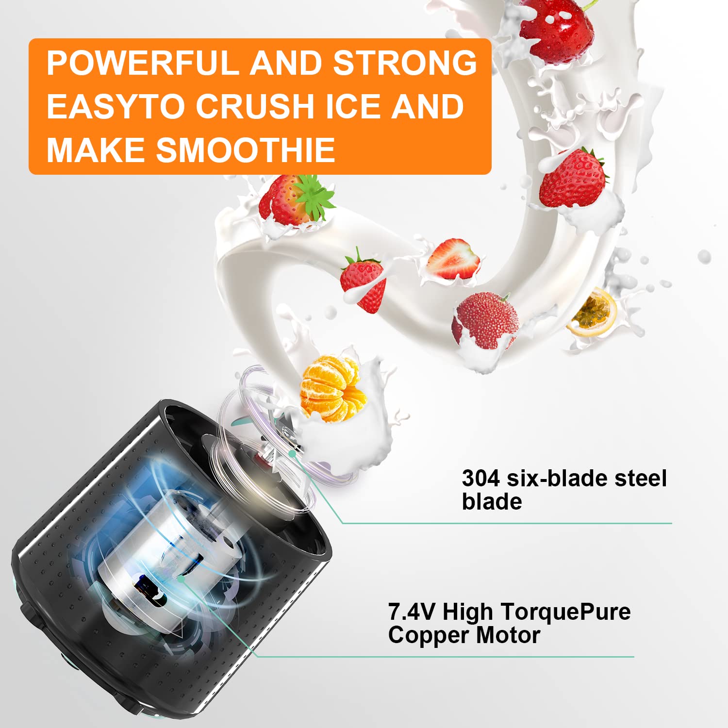 Portable Blender Bottle - Mini Personal Blender for Shakes, Smoothies, Protein Drinks & Fruit Juices | USB-C Rechargeable Cordless Blender | Perfect for Gym, Travel & Home Use (Black)