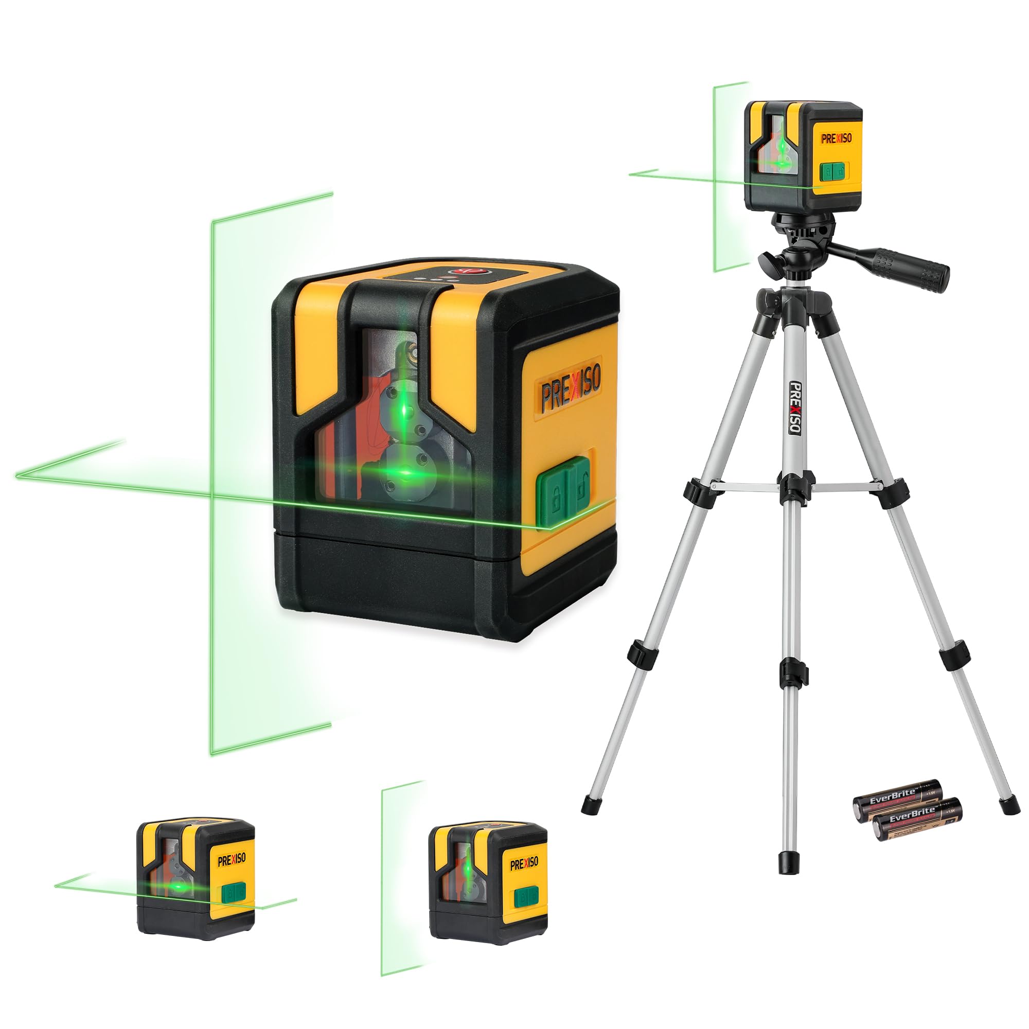 PREXISO Self-Leveling Green Laser Level with Tripod - 100Ft Dual Modules Cross Line Laser Leveler for Floor Tile Installation, Home Renovation & Construction - Includes 26in Tripod & 2 AA Batteries (Perfect for Wall Alignment, Cabinet Hanging & DIY Projects)