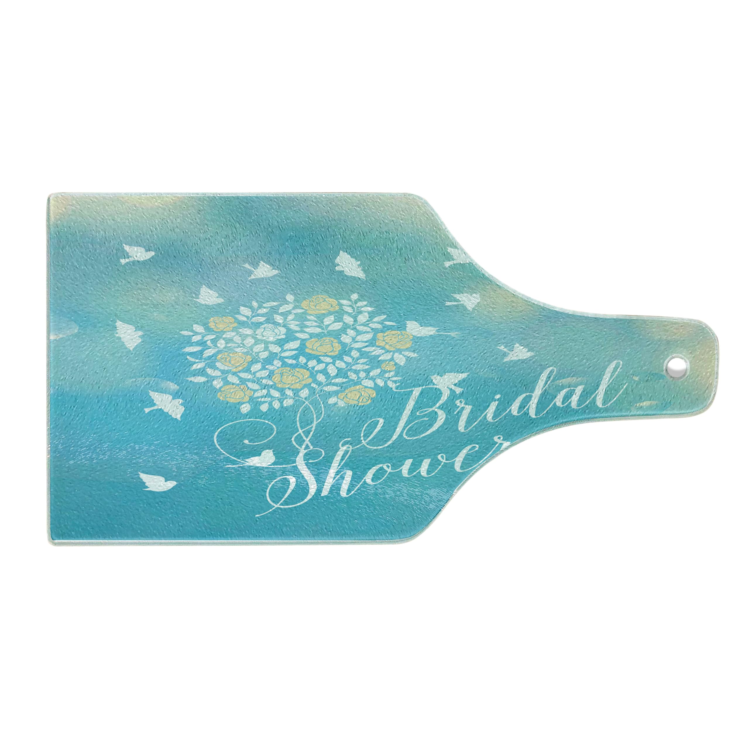 Ambesonne Wine Bottle Shaped Tempered Glass Cutting Board - Sunny Summer Sky with Birds & Flowers Design - Bridal Shower, Wedding Party Serving Board - Sky Blue, Cream & White - Perfect for Cheese Platters, Charcuterie & Wedding Gifts