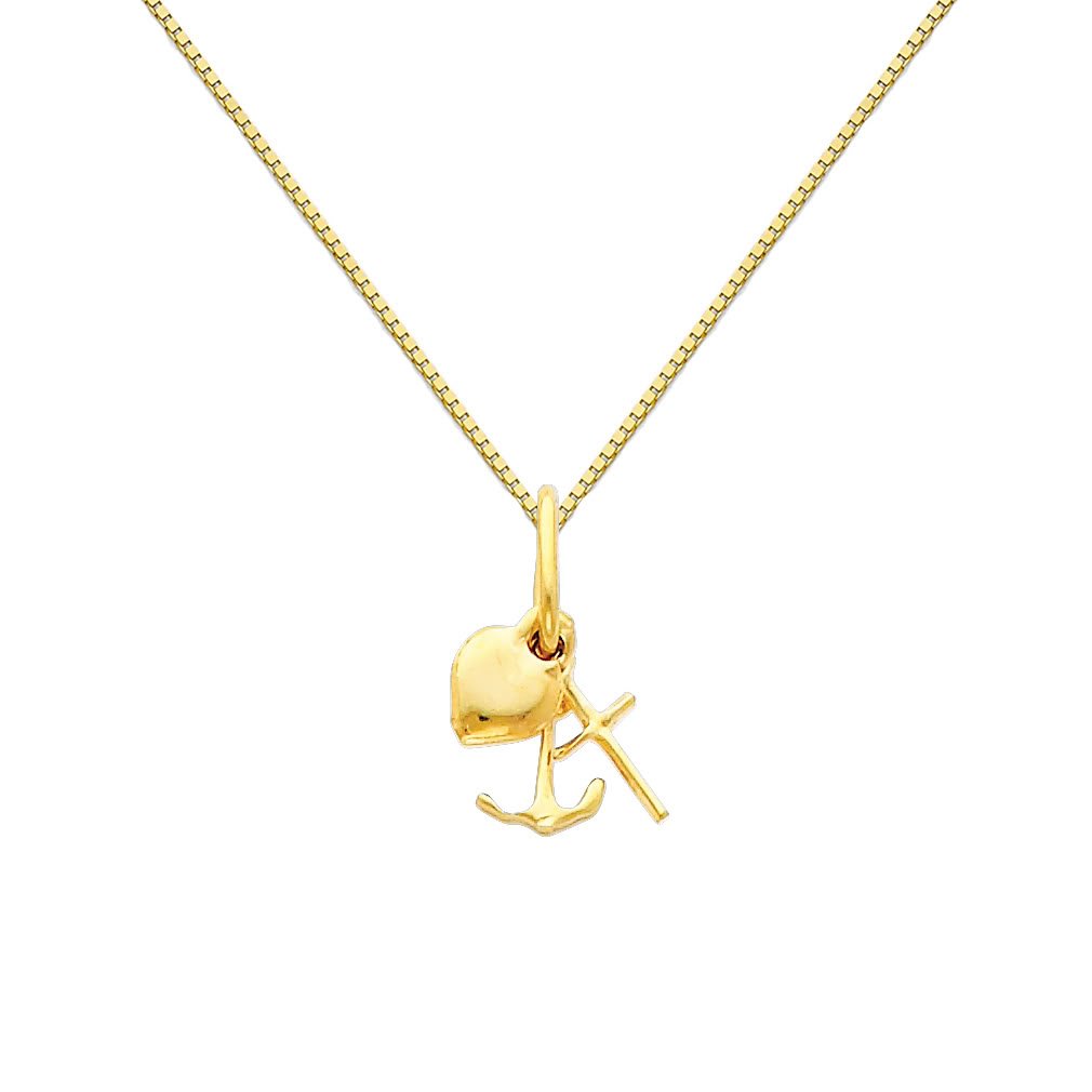 14K Yellow Gold Faith Hope Charity Pendant Necklace with 0.65mm Box Chain - Elegant Religious Jewelry for Women, Gift for Baptism, Confirmation & Special Occasions