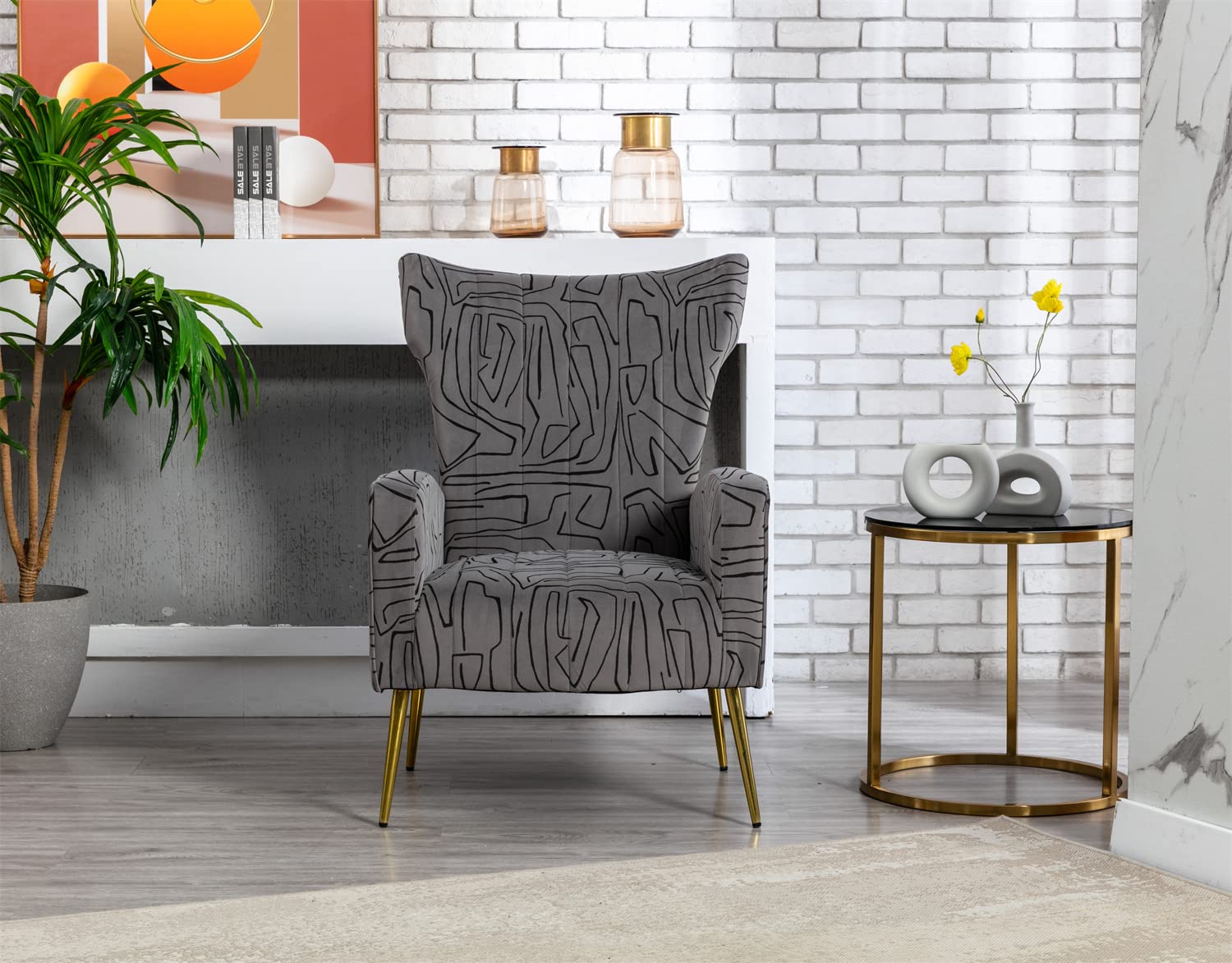 Velvet Wingback Accent Chair with Rose Gold Feet - Vintage Upholstered Armchair for Living Room, Grey | High Back Lounge Chair with Curved Design & Comfortable Arms | Perfect for Reading Nook, Bedroom Sitting Area or Home Office Decor