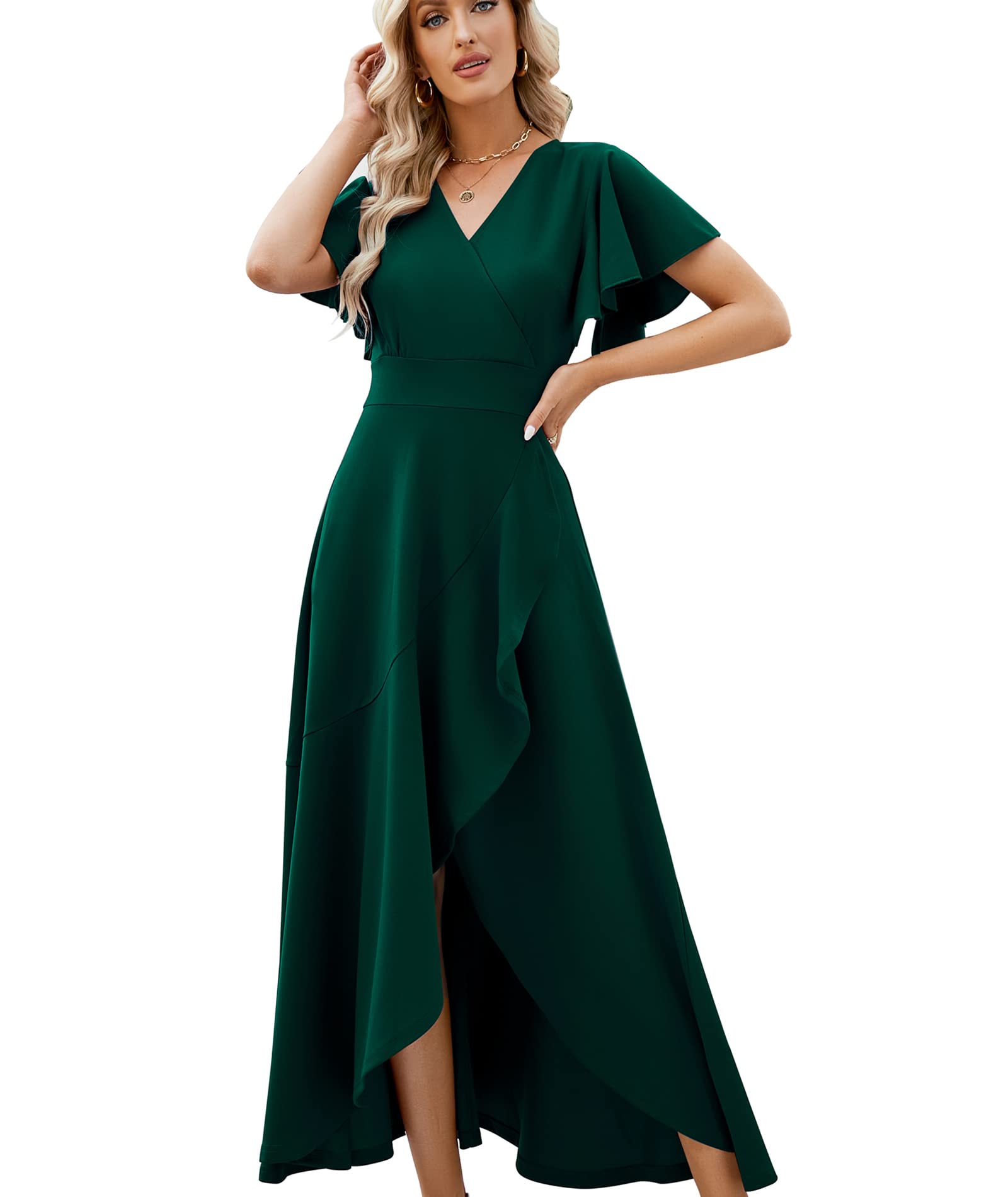 Elegant Long Black Formal Dresses for Women - V Neck Wrap Evening Gown with Ruffle & Side Split for Wedding Guest, Cocktail Party, Prom & Special Occasions