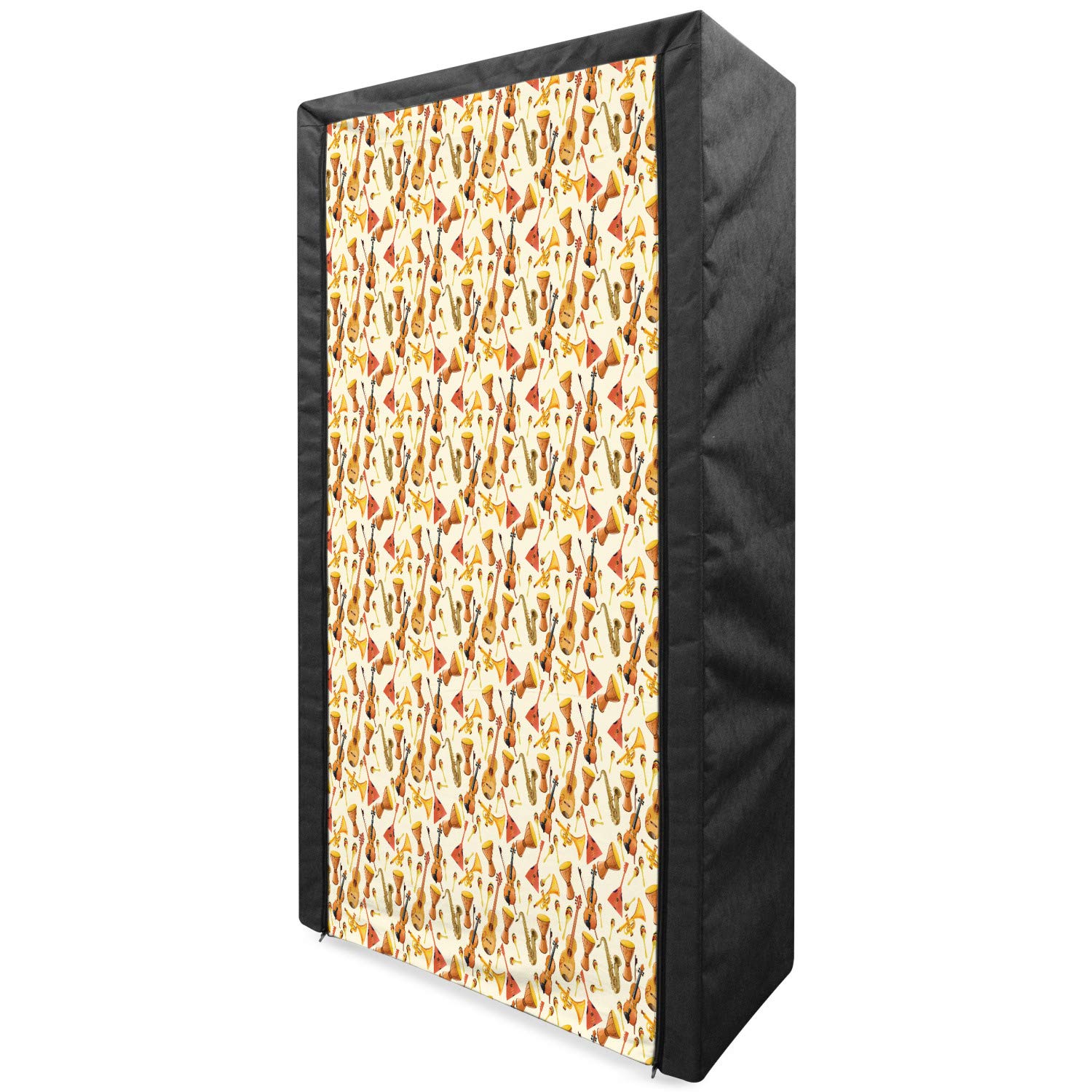 Ambesonne Jazz Music Portable Fabric Wardrobe Closet Organizer with Shelves - 33.5 Inch Multicolor Folk Instrument Pattern (Horn, Drum, Guitar, Fiddle) - Perfect for Bedroom, Closet, Dorm & Small Space Storage Solution