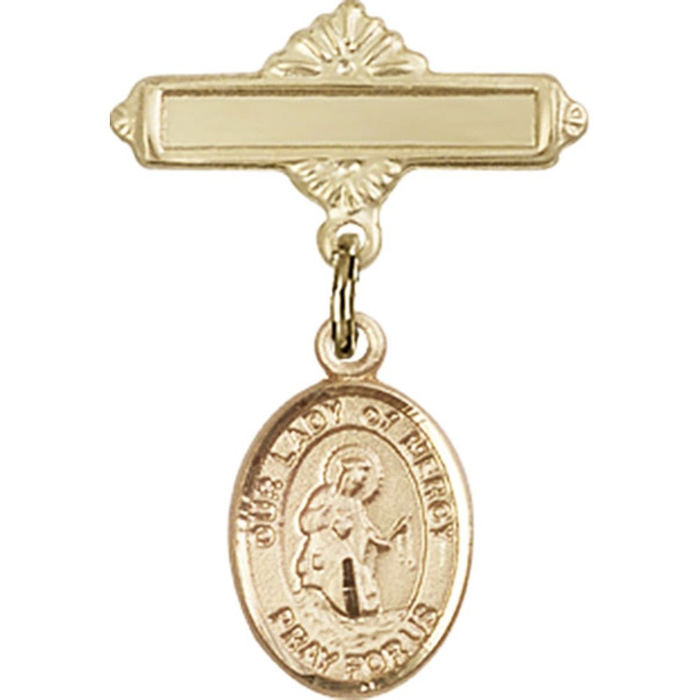 Gold Filled Baby Badge with Our Lady of Mercy Charm - 1 X 5/8 Inch Polished Pin for Baptism, Christening & First Communion Gifts - Religious Jewelry for Catholic Babies & Children