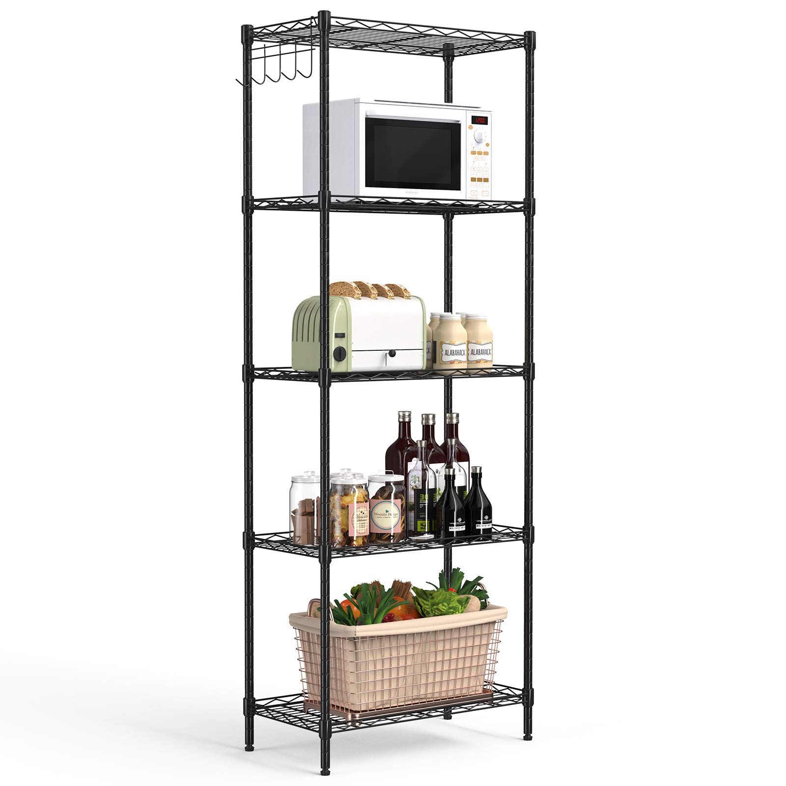 5-Tier Adjustable Wire Storage Shelf - Heavy Duty Metal Organizer Rack for Kitchen, Garage, Pantry & Closet - Black (21.3