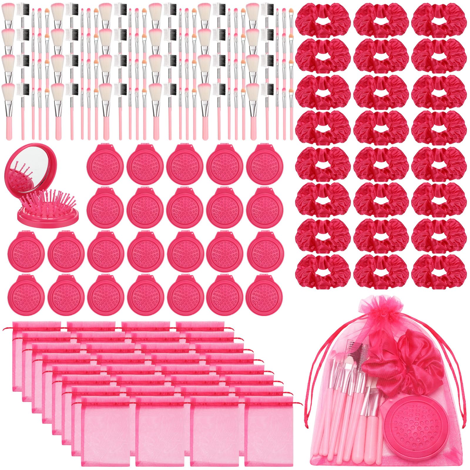 Pink Girls Party Favors Set - 48 Pcs Makeup Kit with Gauze Bags, Hair Scrunchies, Foldable Mirror & Brushes - Perfect for Birthday Parties, Sleepovers, Dress-Up Play and Gift Bags