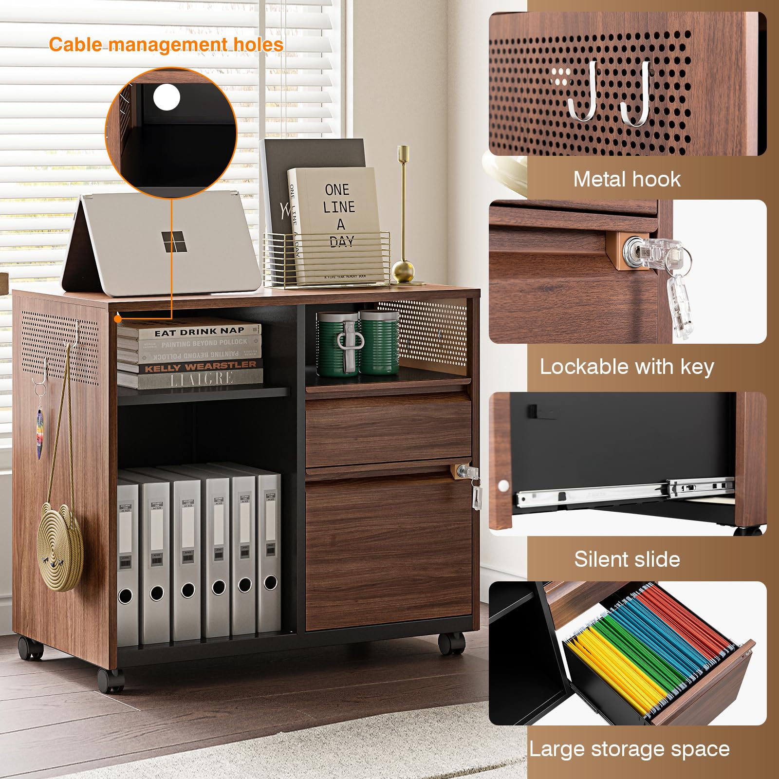 2-Drawer Mobile Lateral Filing Cabinet with Wheels - Rolling Under Desk Metal Storage & Printer Stand for Home Office - Retro Brown - Ideal for Organizing Documents & Office Supplies in Small Spaces