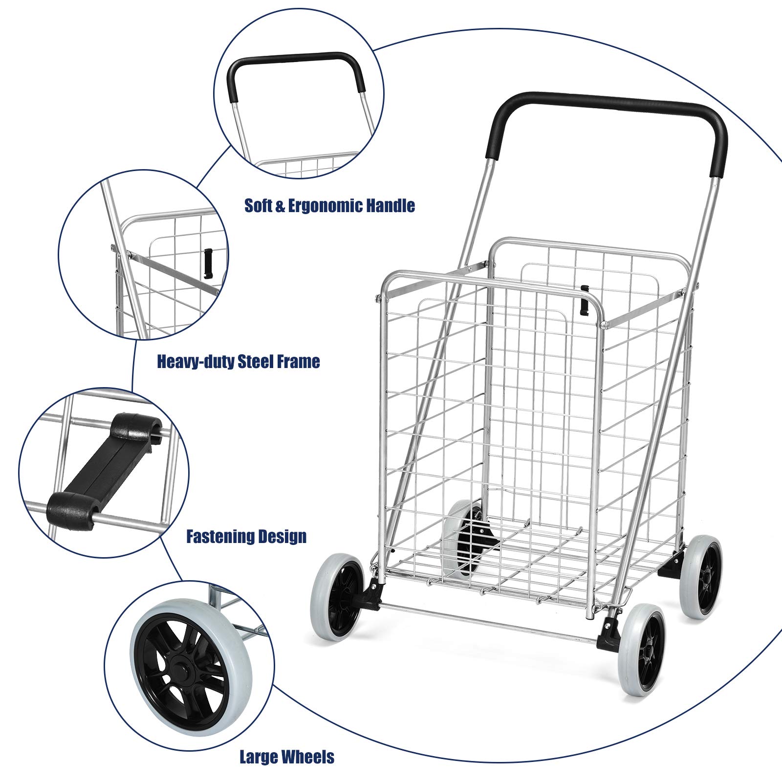 Goplus Heavy Duty Folding Shopping Cart with Wheels - Portable Collapsible Grocery Cart for Supermarket, Laundry & Home Use - Lightweight Foldable Utility Cart (Silver)