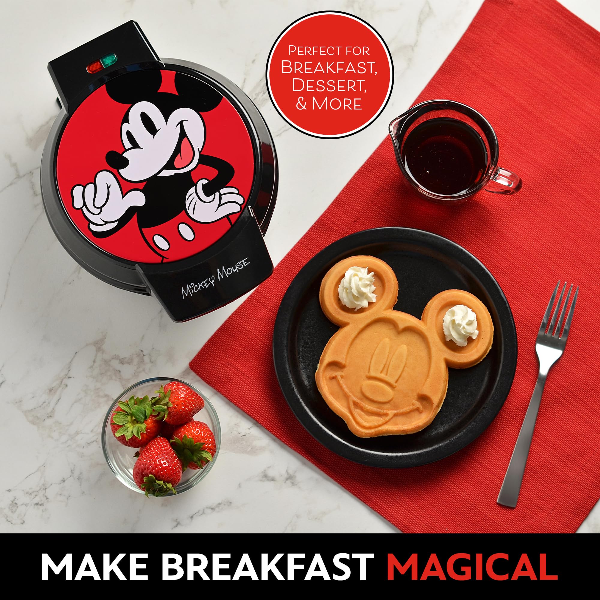 Disney Mickey Mouse 7-Inch Round Waffle Maker - Non-Stick Electric Waffle Iron for Perfect Breakfast, Kids Snacks & Family Brunch (Red)