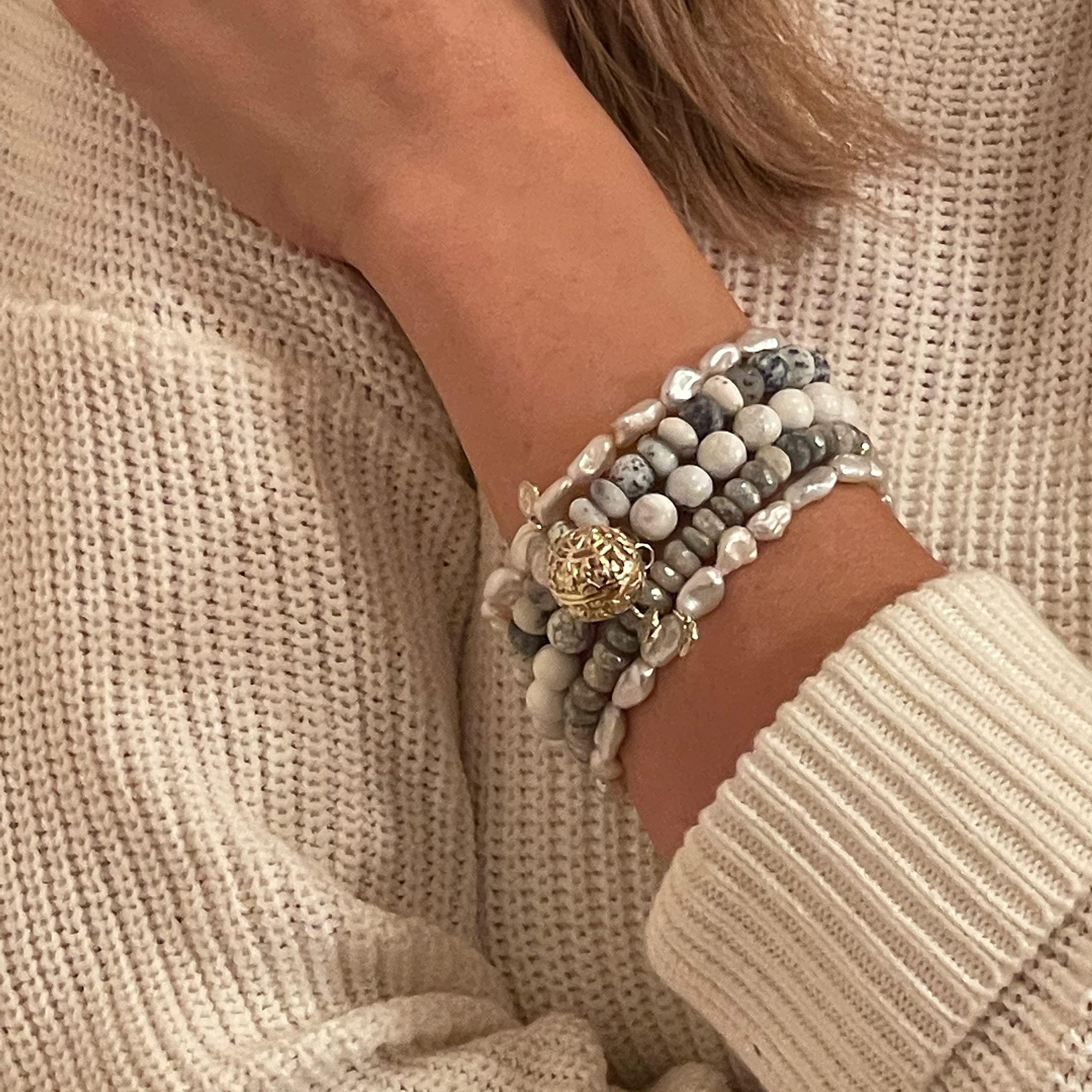 Lisa Hoffman Boho Beaded Bracelet Set for Women - 5 Stretch Handmade Bracelets with Floral Charms & Genuine Faceted Gemstones, Scented Beads Includes 3 Fragrances | Boho Jewelry, Gift for Her, Perfect for Everyday Wear & Special Occasions