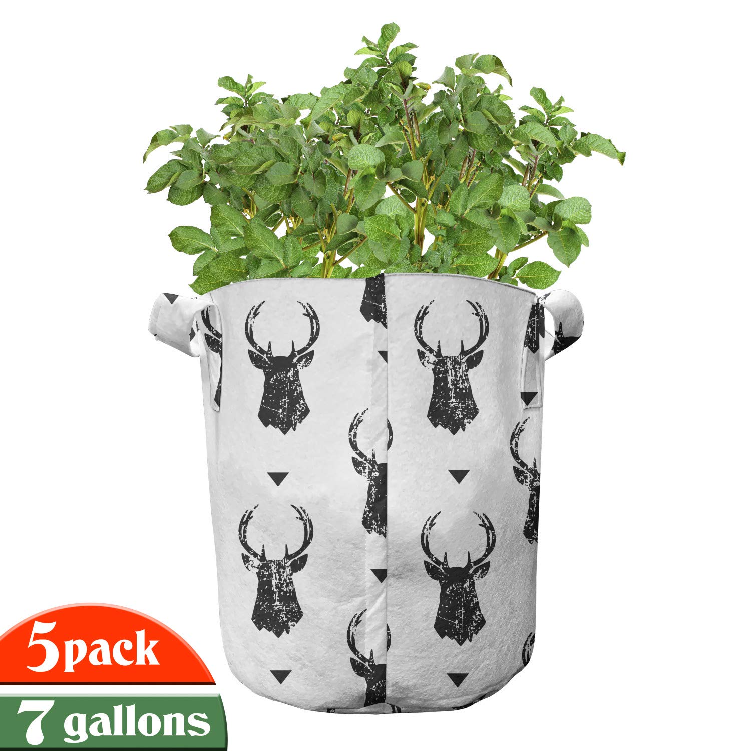 Ambesonne 5-Pack 7 Gallon Deer Print Heavy Duty Fabric Grow Bags with Handles - Monochrome Animal Design Plant Pots for Indoor/Outdoor Gardening, Vegetables, Flowers & Herbs