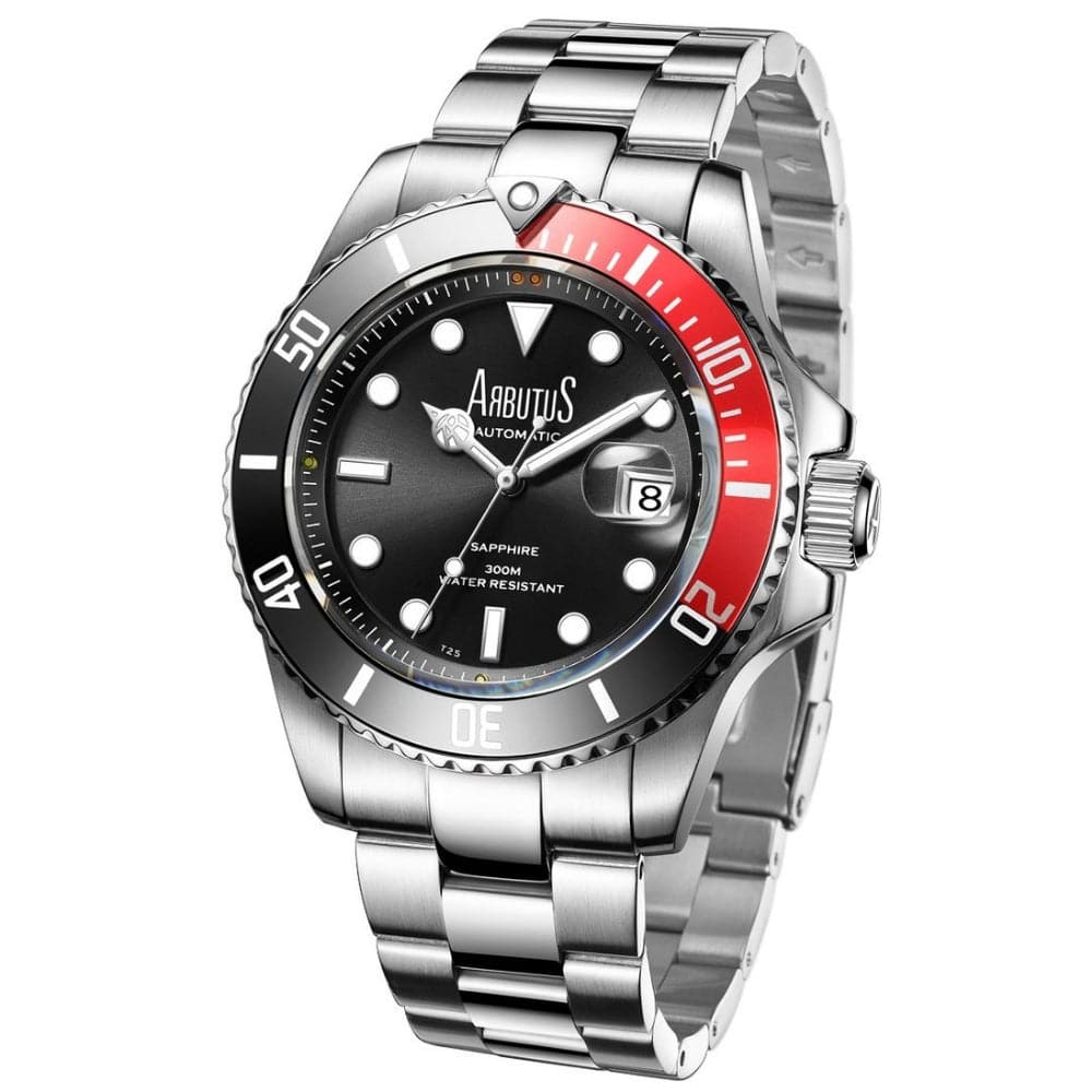 ARBUTUS AR1907SRS Men's Dive Watch - Black Dial, Stainless Steel, Waterproof, for Swimming, Diving & Outdoor Adventures
