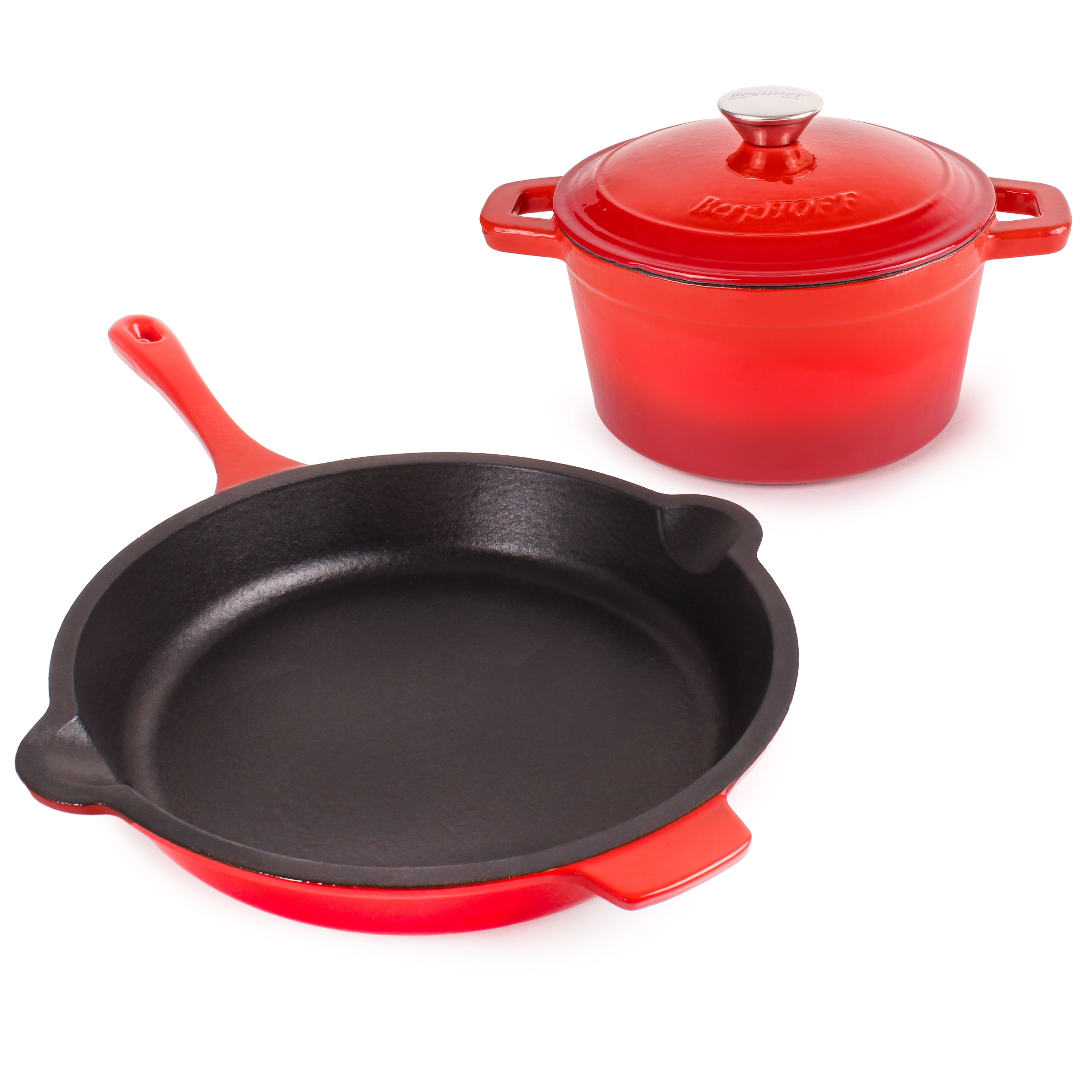 BergHOFF Neo 3-Piece Cast Iron Cookware Set - Red Dutch Oven & Skillet for Braising, Frying & Baking | Stovetop to Oven Safe | Perfect for Camping, Home Kitchen & Outdoor Cooking