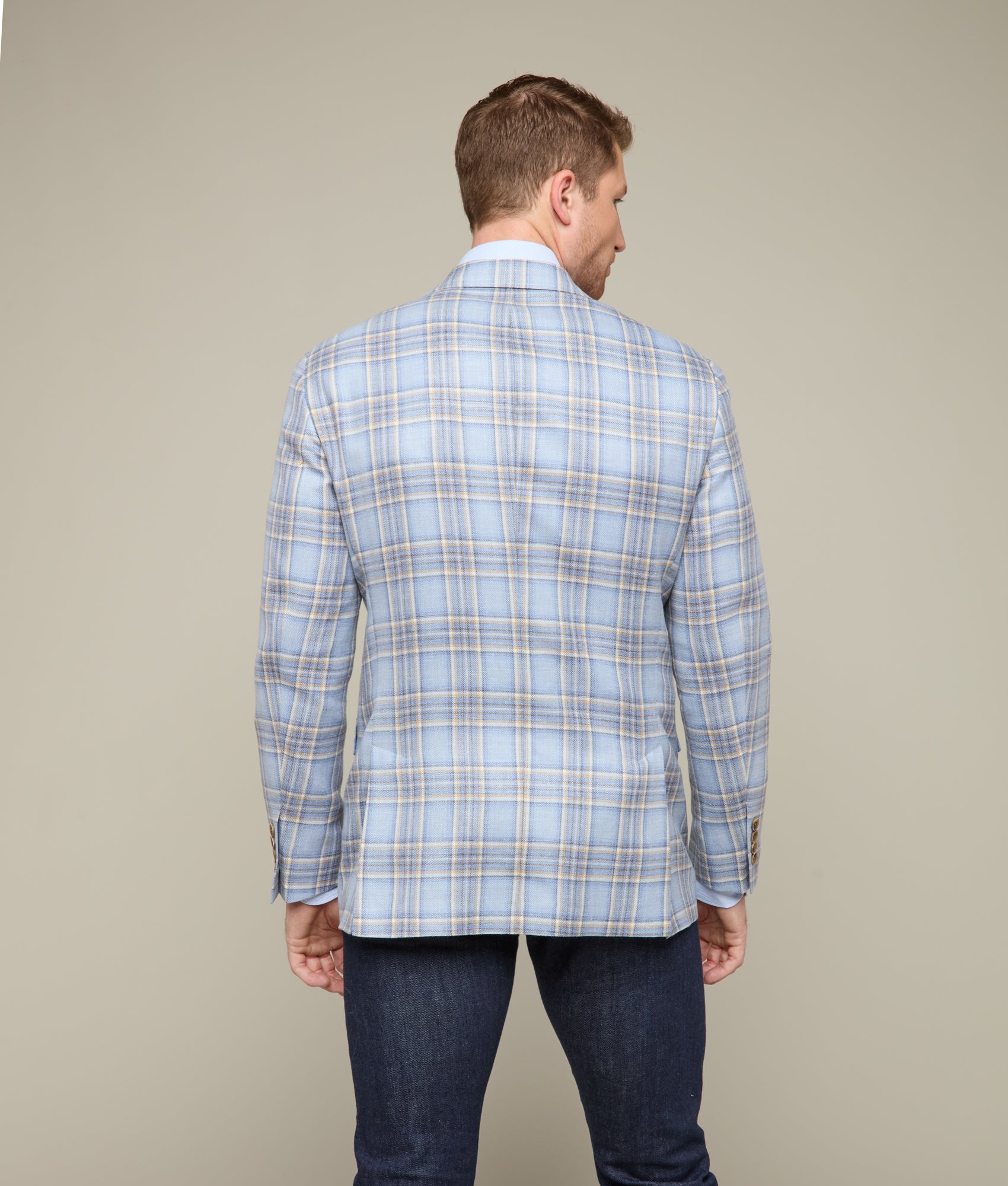 Lucchese Men's Light Blue and Tan Plaid Sport Coat - Stylish Casual Blazer for Outdoor Events and Business Casual Wear
