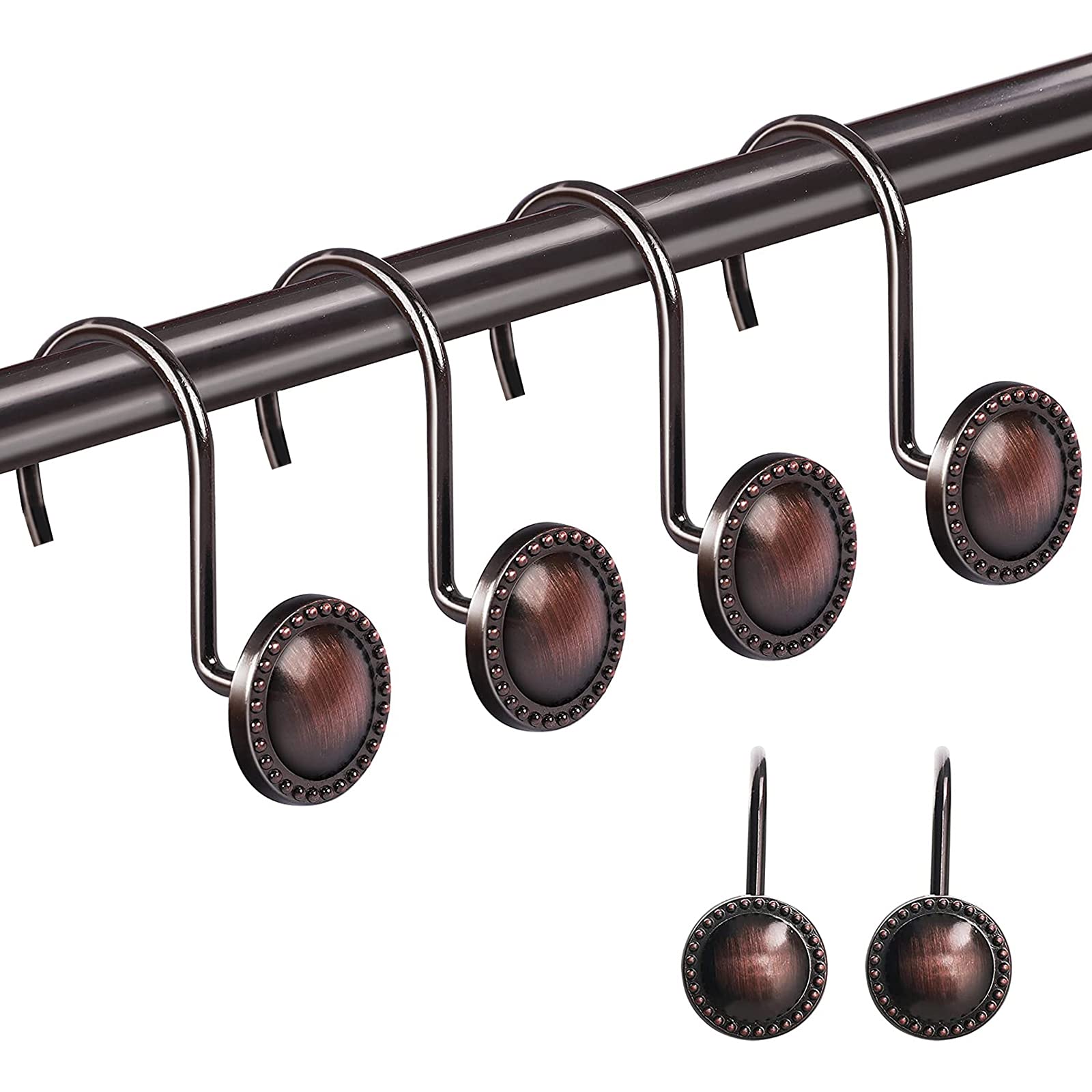 12Pcs Retro Round Decorative Shower Curtain Hooks - Rustic Brown Bathroom Accessories for Vintage Style Showers & Bathtubs | Perfect for Farmhouse, Boho & Classic Bathroom Decor