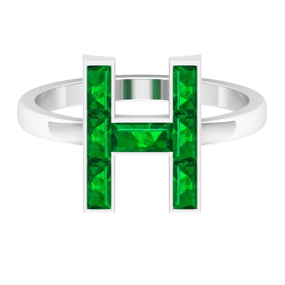 Emerald Initial Rings A-Z | 14K White Gold Alphabet Letter Rings | Baguette & Channel Set Emerald Initial Rings | Perfect for Gifts, Birthdays & Personalized Jewelry