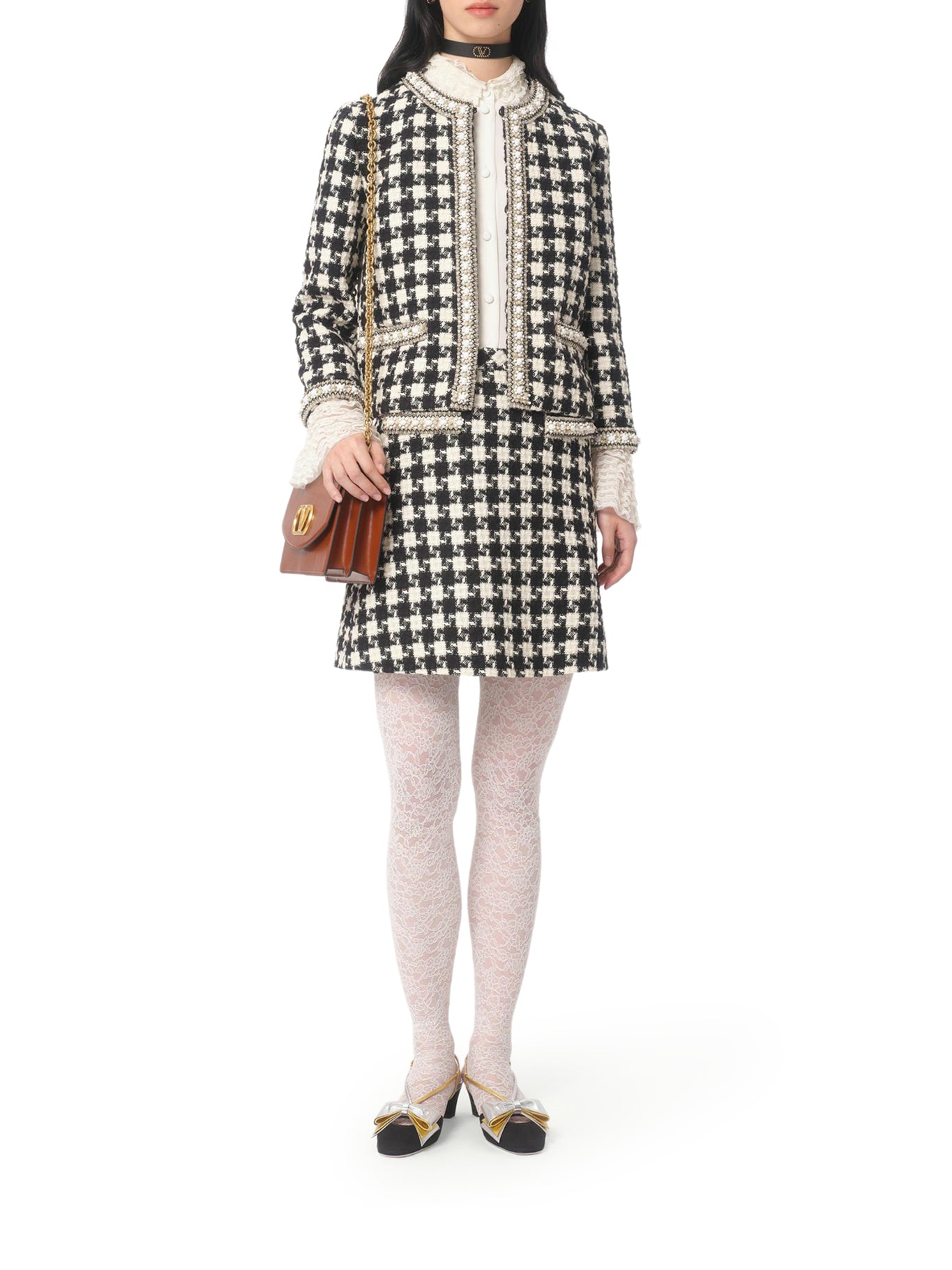 Stylish Embroidered Damier Light Tweed Skirt for Women - Perfect for Office Wear, Cocktail Parties & Spring Outfits