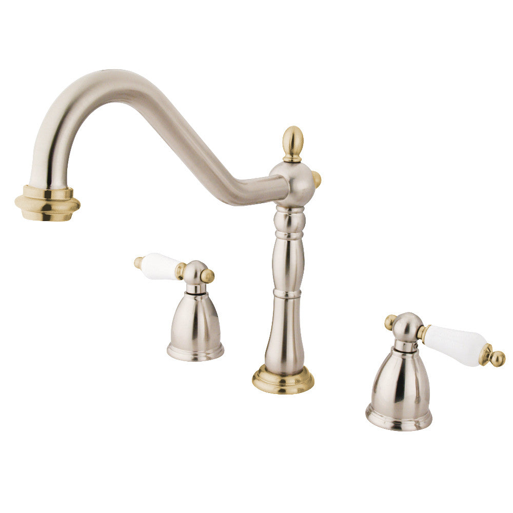 Kingston Brass KB1796PLLS Widespread Kitchen Faucet - Polished Brass Finish, High Arc Spout, Dual Handle Design for Modern Kitchens | Perfect for Cooking, Washing Dishes & Filling Pots