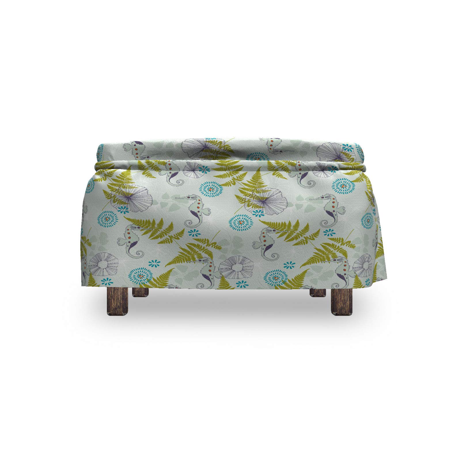 Ambesonne 2-Piece Ottoman Slipcover Set with Ruffle Skirt - Seahorse & Fern Pattern Square Round Cube Footstool Cover - Standard Size Almond Green & Apple Green - Perfect for Living Room, Bedroom, Nursery Decor