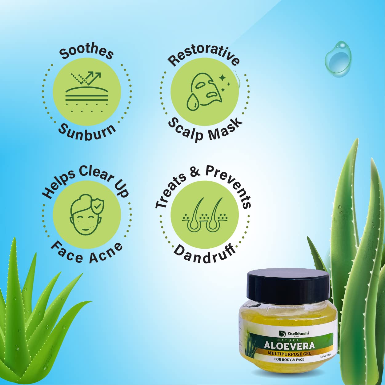 Dwibhashi Pure Aloe Vera Gel - 100g for Skin Care, Sunburn Relief & Hair Hydration | Natural Moisturizer for Face, Body & Scalp