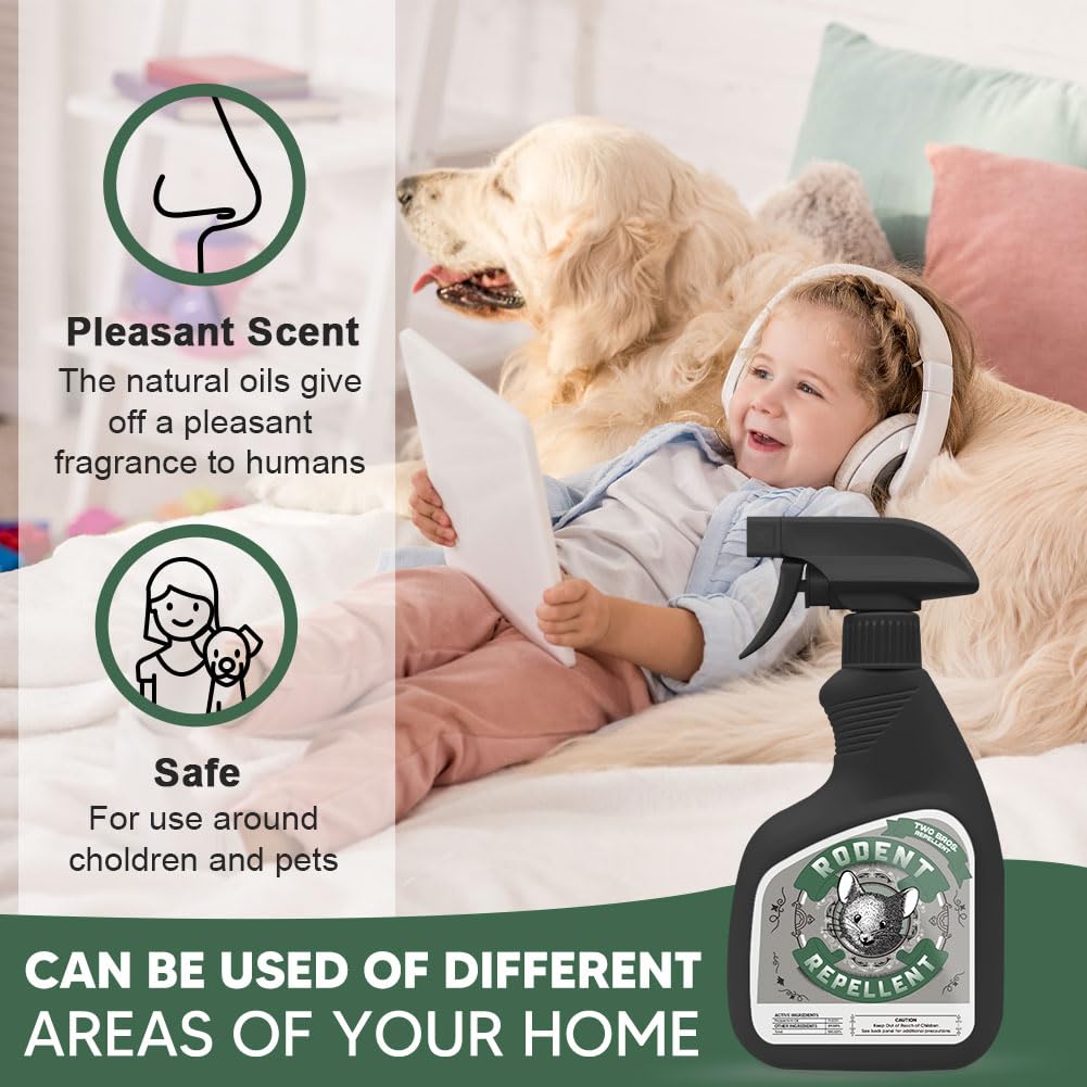 Natural Peppermint Oil Rodent Repellent Spray - Safe & Effective Mouse, Rat & Rodent Deterrent for Home, Cars, RV, Boat & Engine Protection (12oz) - Keep Pests Away from Indoor Spaces & Vehicles