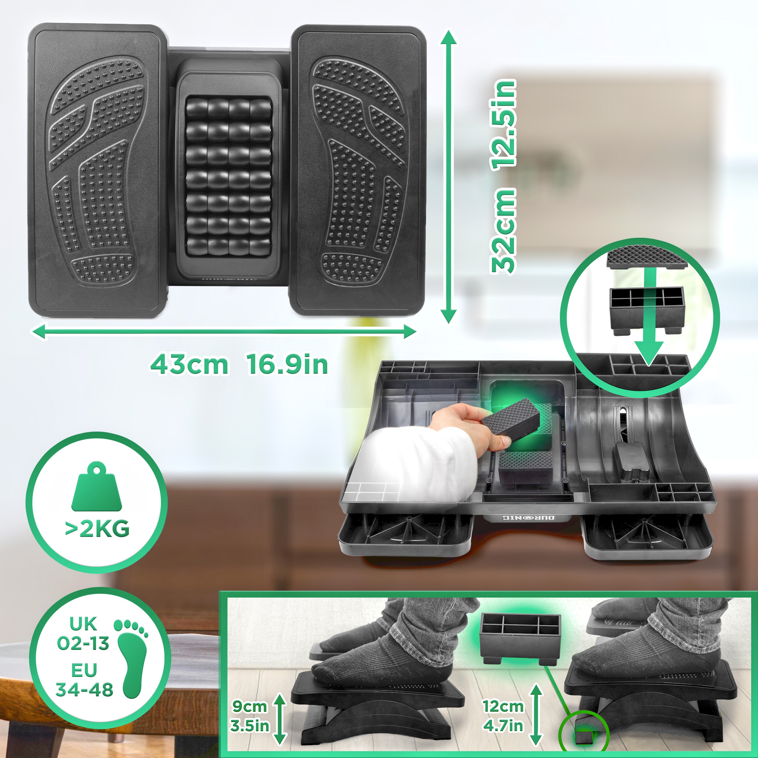 Duronic FT04 Ergonomic Footrest - Adjustable Height & Tilt Foot Rest with Massage Rollers & Textured Surface for Pain Relief - Ideal for Office, Home & Student Use - Perfect Under Desk Foot Support for Long Work Hours & Gaming Sessions