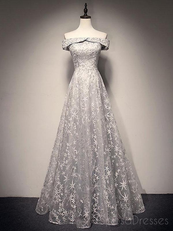 Elegant Off Shoulder Grey Lace A-Line Long Evening Prom Dress for Women | Sweet 16 Party Gown | Formal Homecoming Dance Dress | Perfect for Prom Night, Quinceañera & Special Occasions