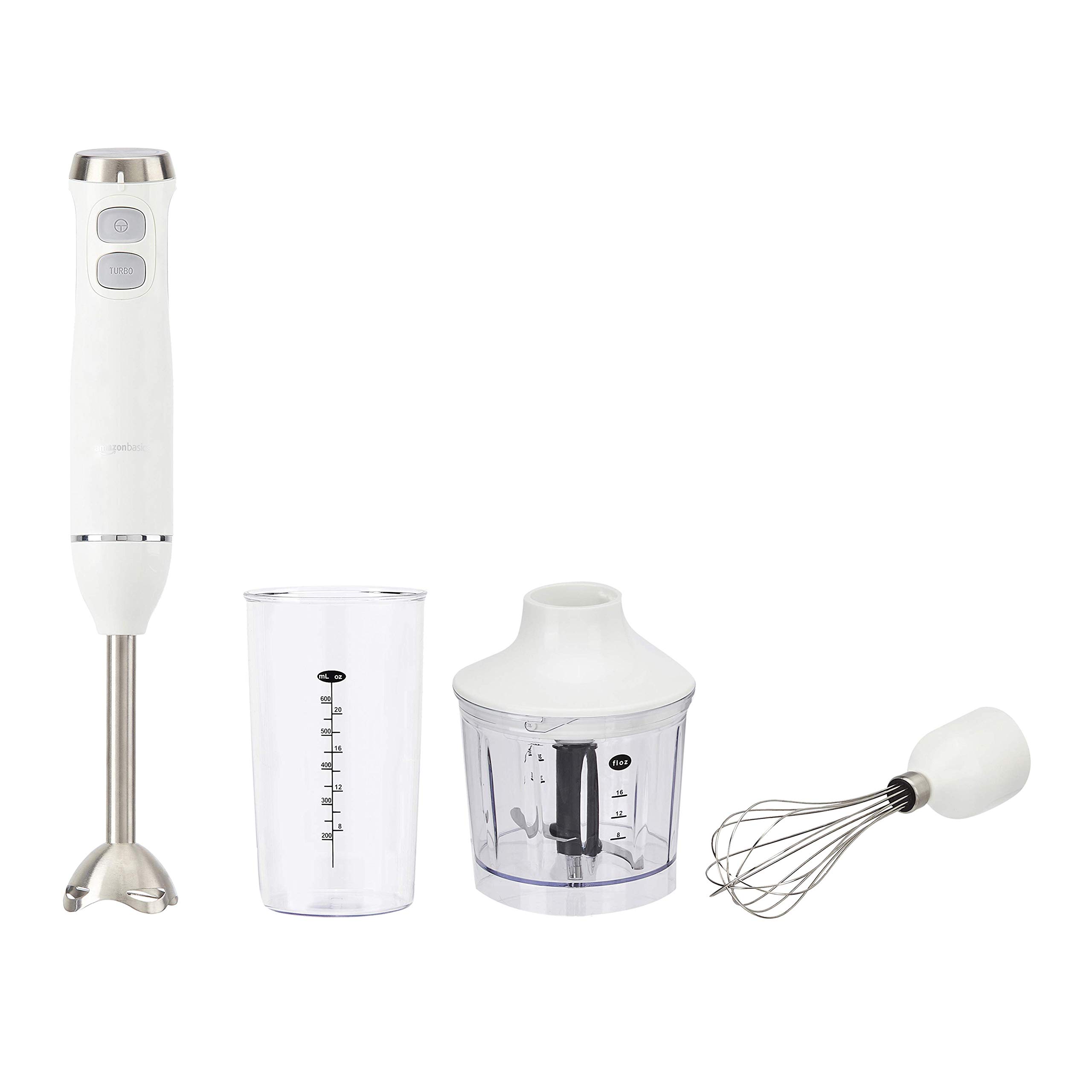 Amazon Basics 300W 4-in-1 Immersion Hand Blender with Stainless Steel Blending Stick, Whisk, Chopper & 500ml Beaker - Continuous Speed Control & Turbo Mode - 5ft Power Cord - White - Perfect for Smoothies, Soups, Sauces & Baby Food Prep