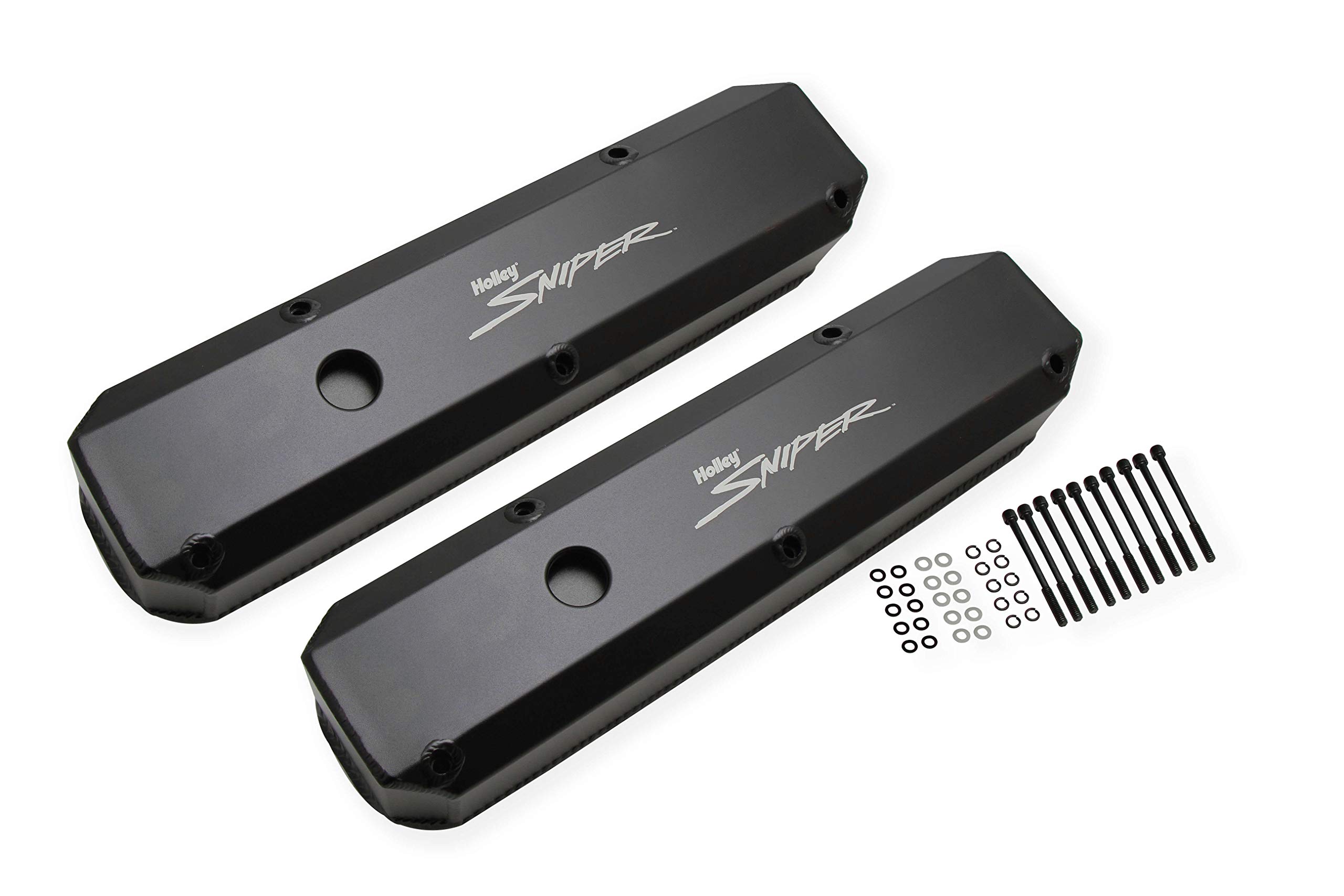 Holley 890003B Black Aluminum Valve Cover Set with Emissions Port - High Performance Engine Upgrade for Chevy, Ford, Dodge - Perfect for Car Restoration & Racing Applications