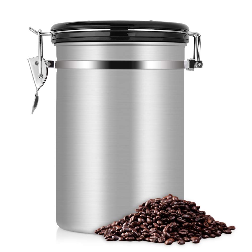 Vacuum Sealed Stainless Steel Coffee Canister - 1.8L Large Airtight Coffee Storage Container for Whole Beans & Ground Coffee - Keeps Fresh for Kitchen, Office & Camping Use (Silver)