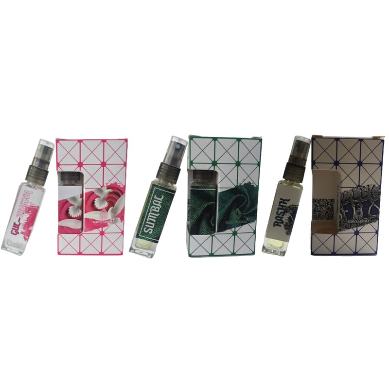 Luxury Unisex Perfume Set - Raro Aroma Eau De Parfum | 3 x 8ml Travel Size Bottles | Long Lasting Designer Inspired Fragrance (Gul-Mushk-Sumbal-Rashk) | Perfect for Gifts, Travel & Everyday Wear