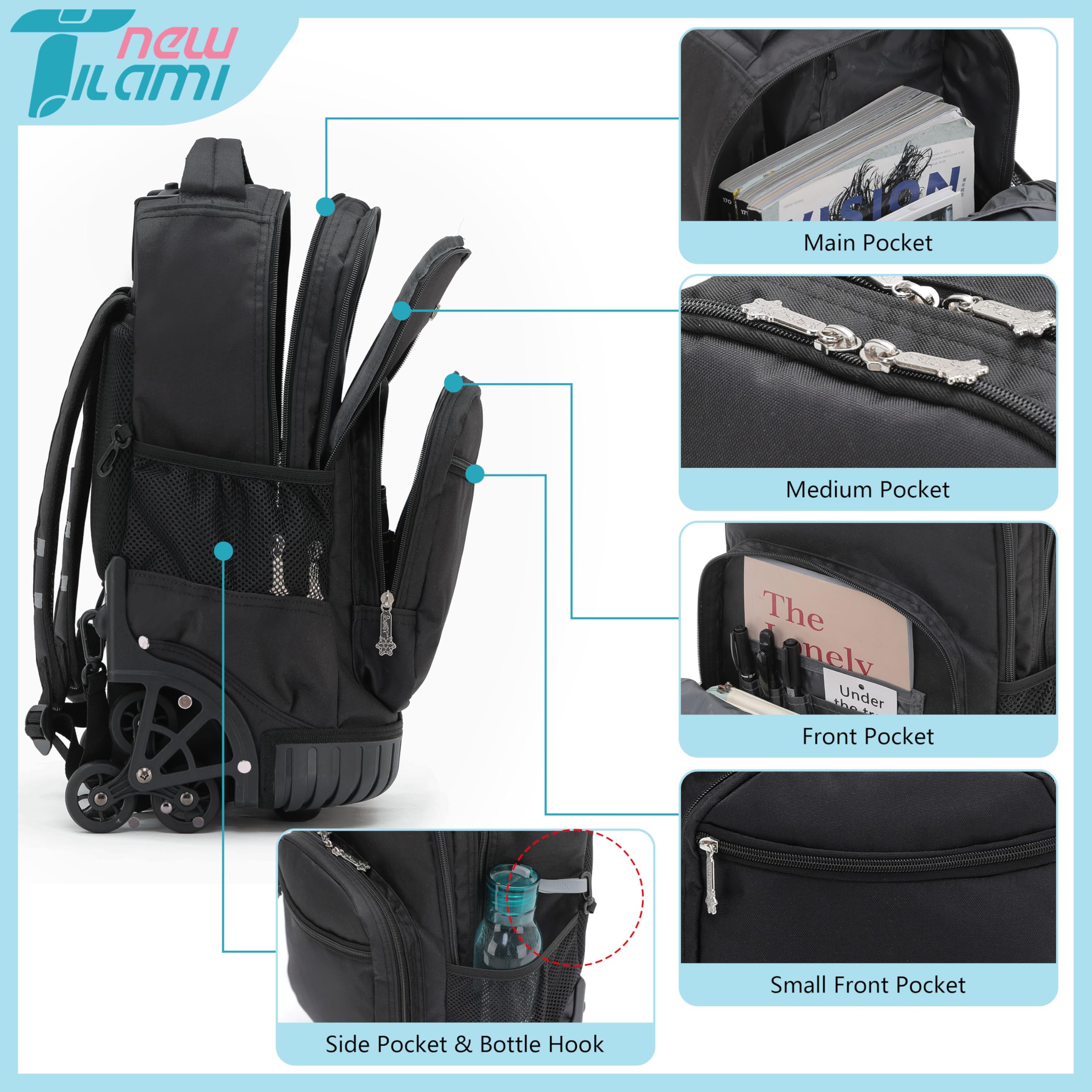 TILAMI 18-Inch Black Rolling Backpack for Kids - Adjustable Laptop Backpack with Wheels for School, Travel & Camping - Durable Rolling Backpack for Boys & Girls - Perfect for Commuting, Air Travel & Outdoor Adventures