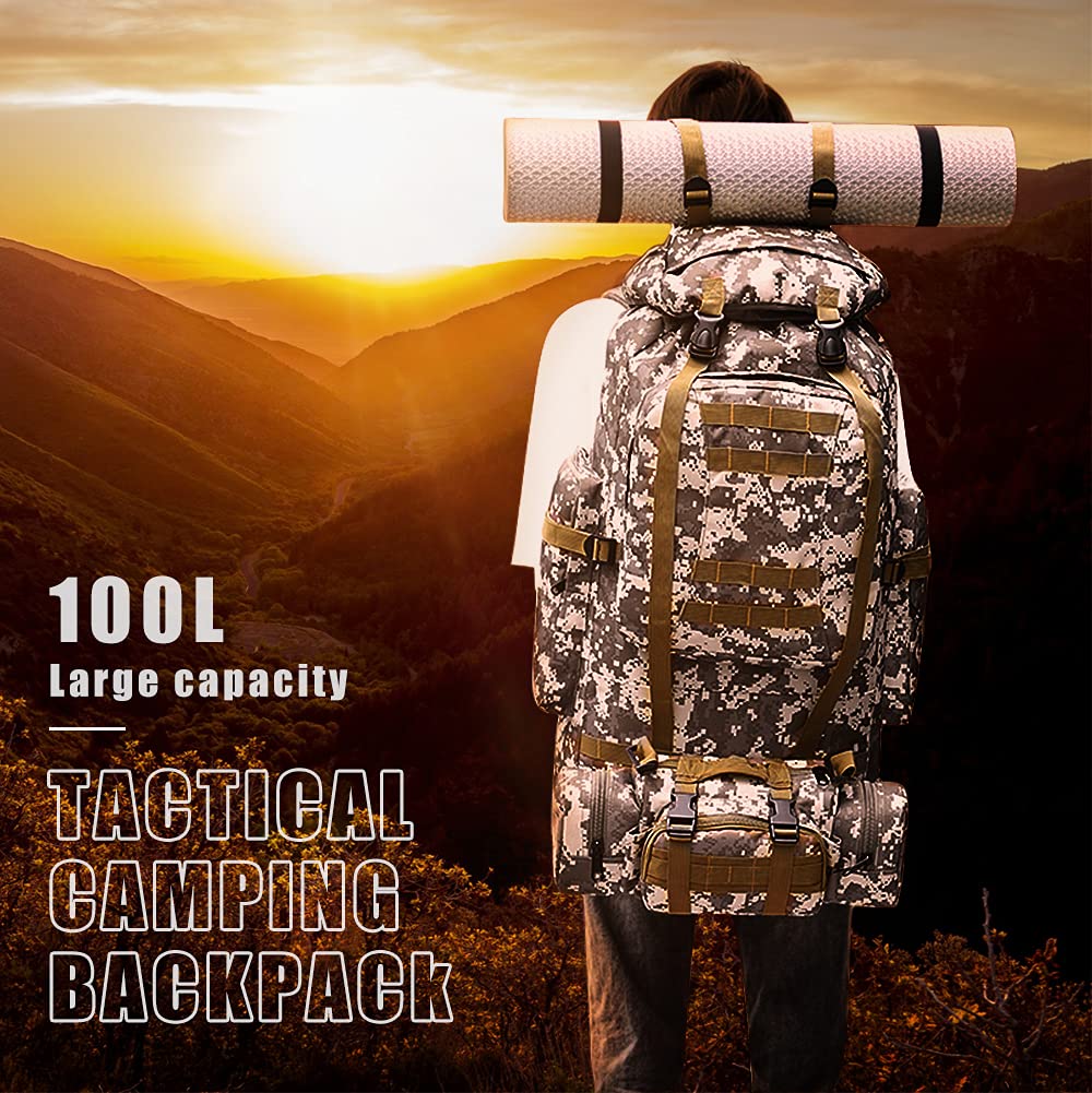 100L Tactical Backpack for Camping & Hiking - Military Molle Rucksack with Waterproof & Lightweight Design (Khaki) - Perfect for Outdoor Adventures, Travel & Survival Gear