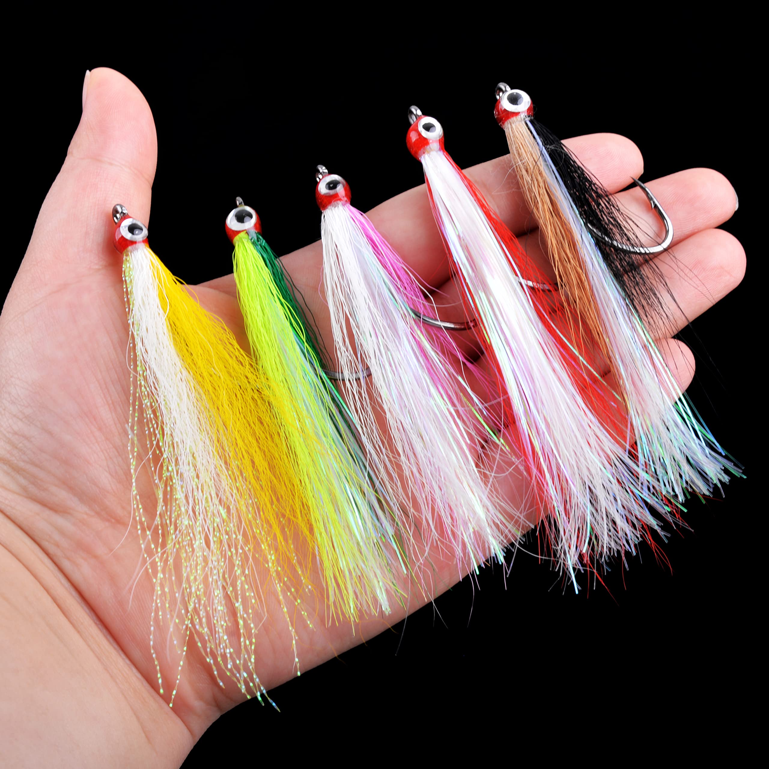 Bucktail Teasers Fishing Hooks with 3D Eyes - 5PCS High Carbon Steel Hooks for Bass & Saltwater Fishing - Premium Mylar Flash Bait Rigs & Fly Fishing Lures - Perfect for Freshwater & Sea Fishing Adventures
