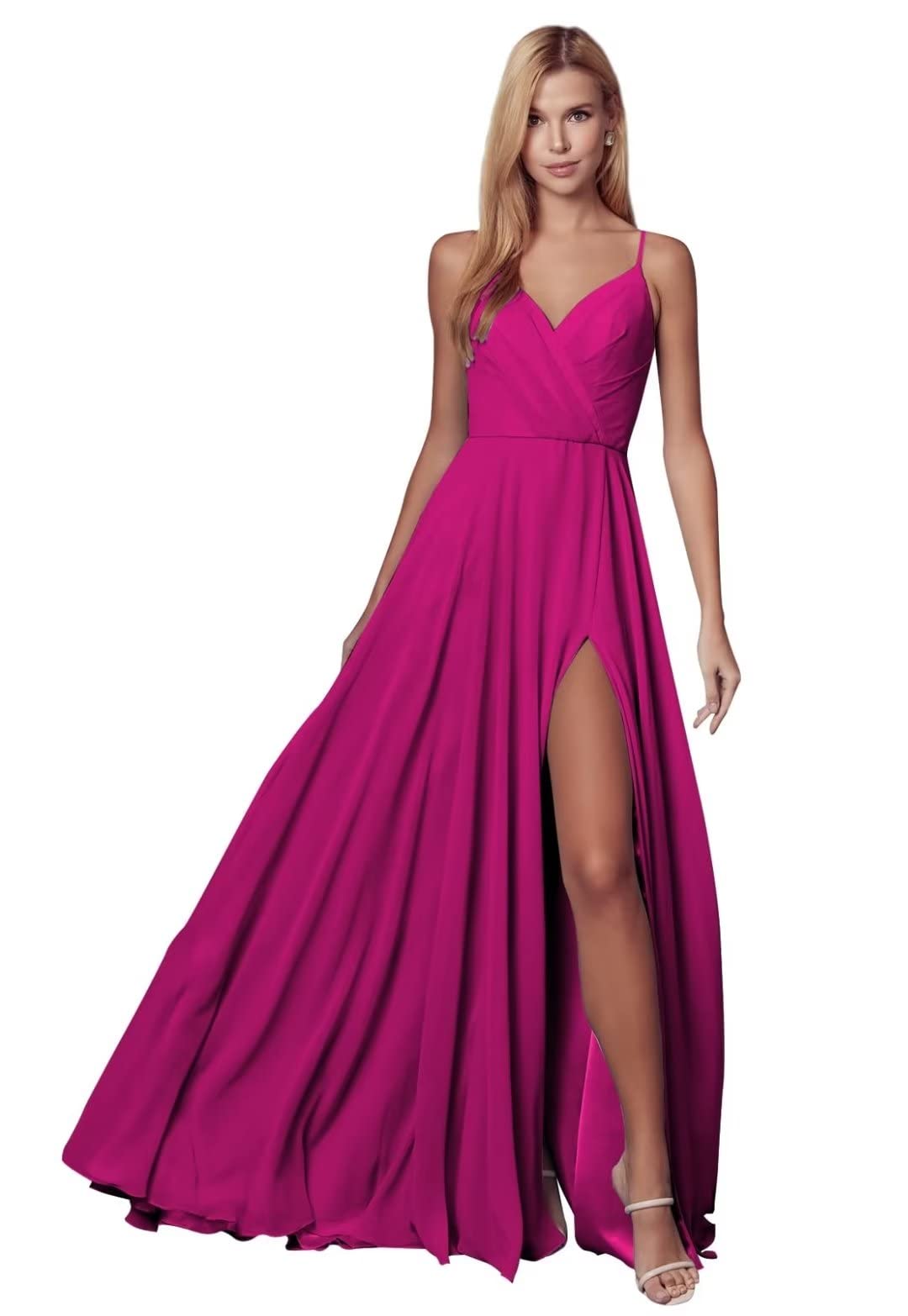 Elegant V-Neck Long Pleated Bridesmaid Dress with High Slit for Weddings, Evening Parties & Formal Events - Perfect for Bridal Showers, Receptions & Special Occasions