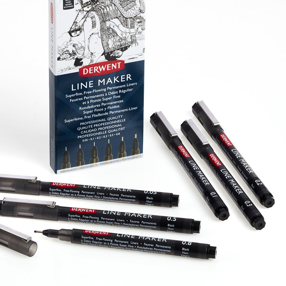 Derwent Line Maker Drawing Pen Set - 6 Black Fine Line Pens for Sketching, Inking & Calligraphy - Perfect for Artists, Illustrators & Designers