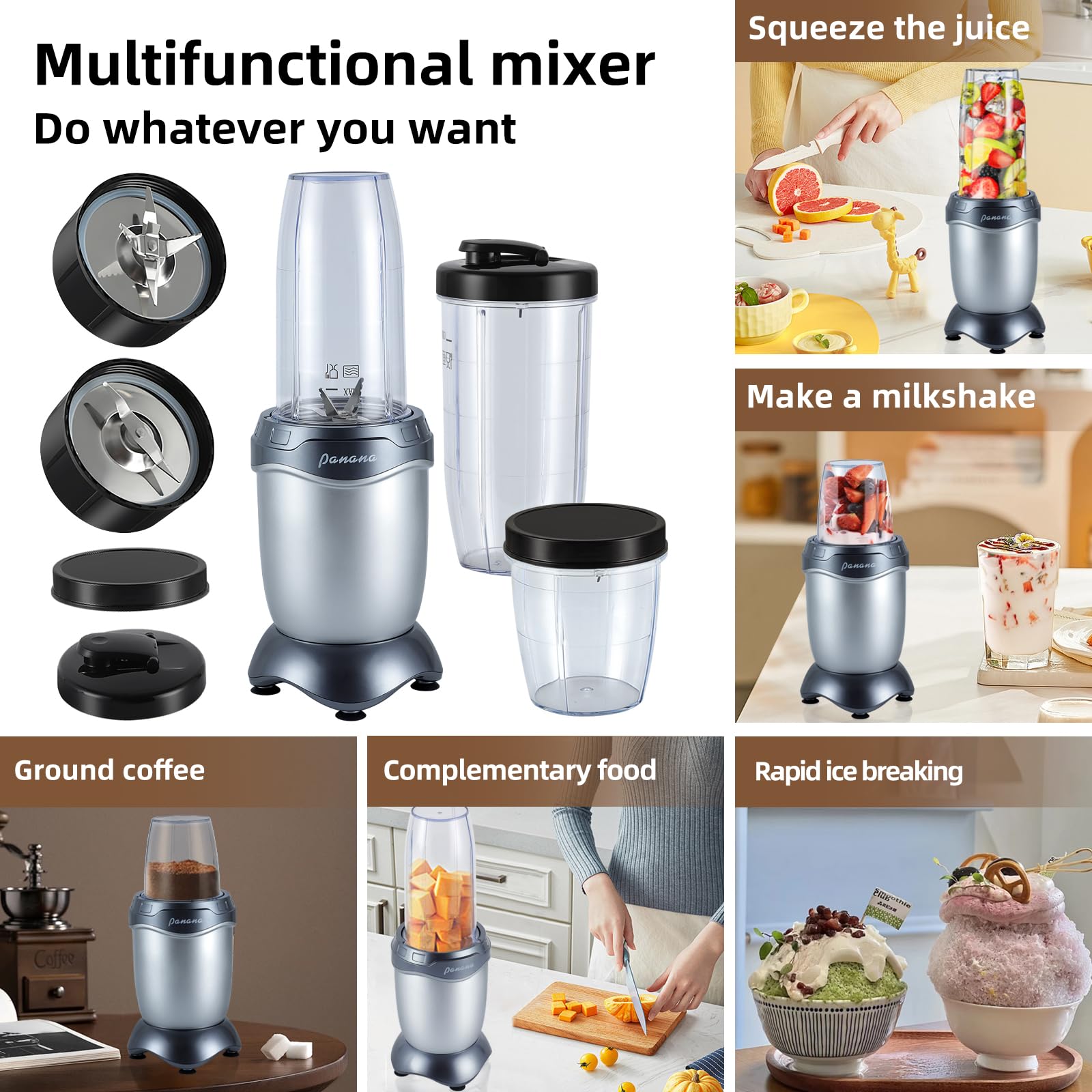 Panana 850W High-Speed Personal Blender - Portable Smoothie Maker & Food Grinder with 2x20oz Travel Cups - Perfect for Protein Shakes, Frozen Drinks, Juices, Sauces & Meal Prep - Ideal for Home, Gym & Office Use