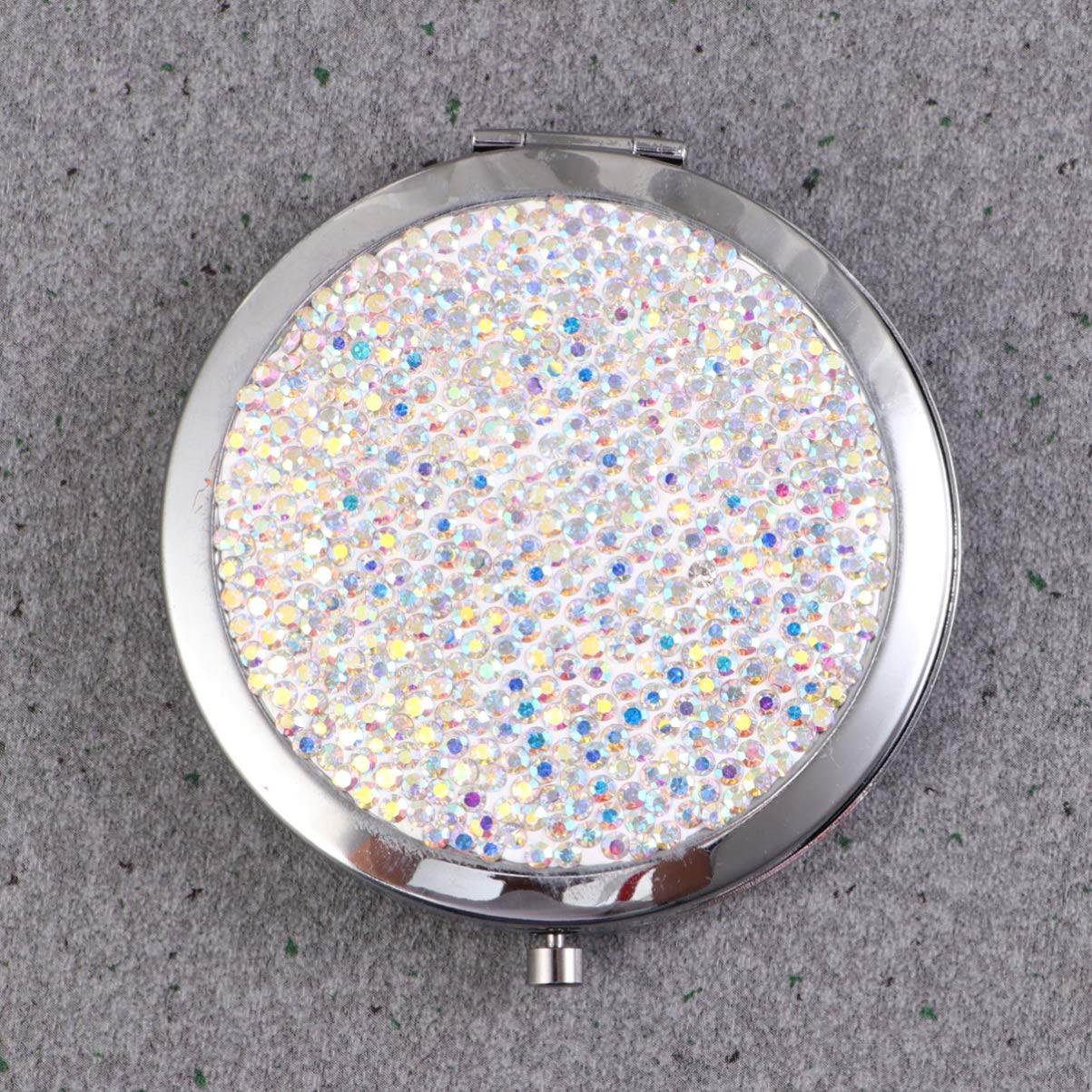 Lurrose Bling Compact Mirror - Round Folding Double-Sided Cosmetic Mirror with Rhinestones | Portable Pocket Mirror for Makeup, Travel, Home & Purse | Elegant White Design