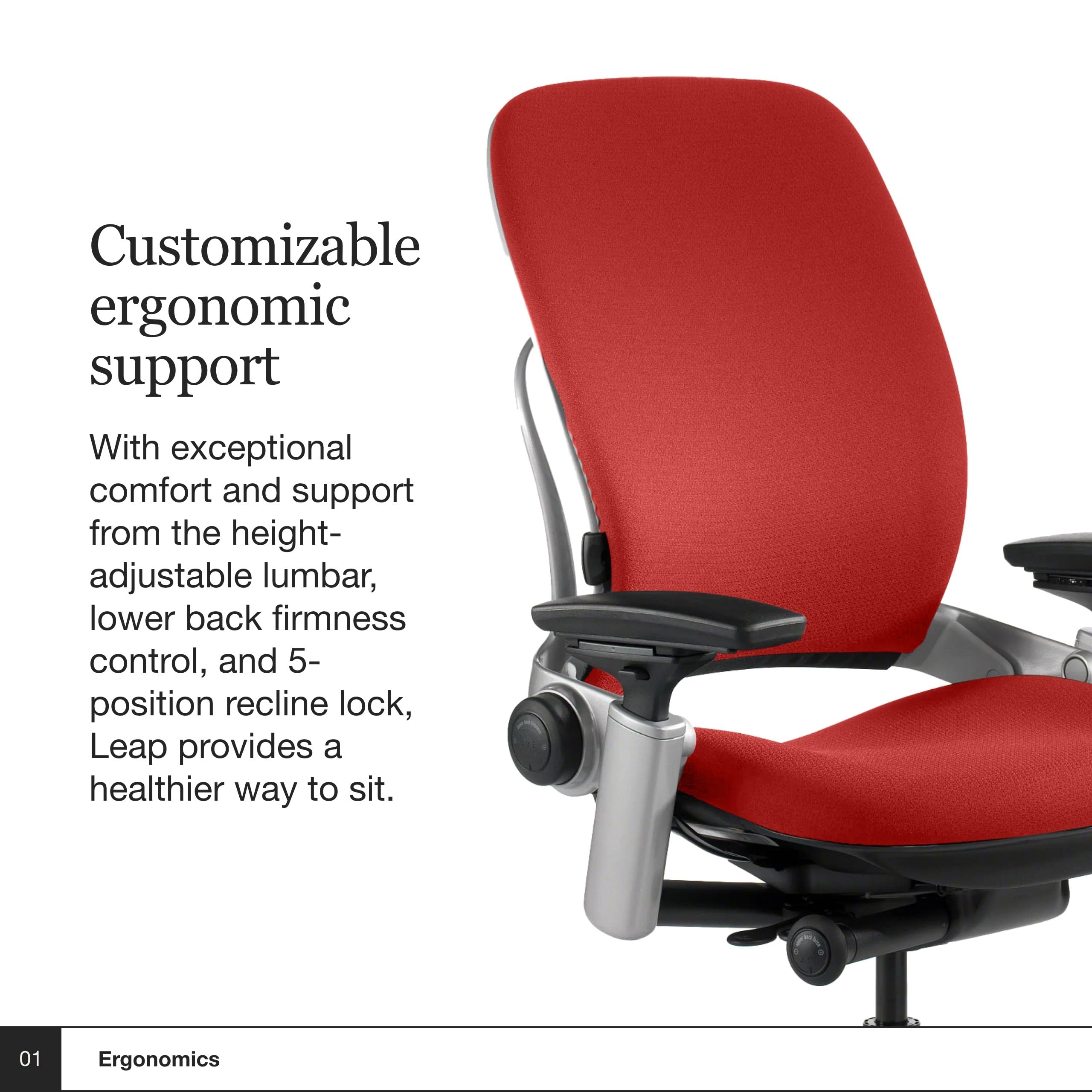 Steelcase Leap Ergonomic Office Chair with Wheels - Adjustable Lumbar Support & LiveBack Technology for Comfort - Red Fabric Work Chair for Carpet Flooring - Perfect for Home Office, Gaming & Workspaces