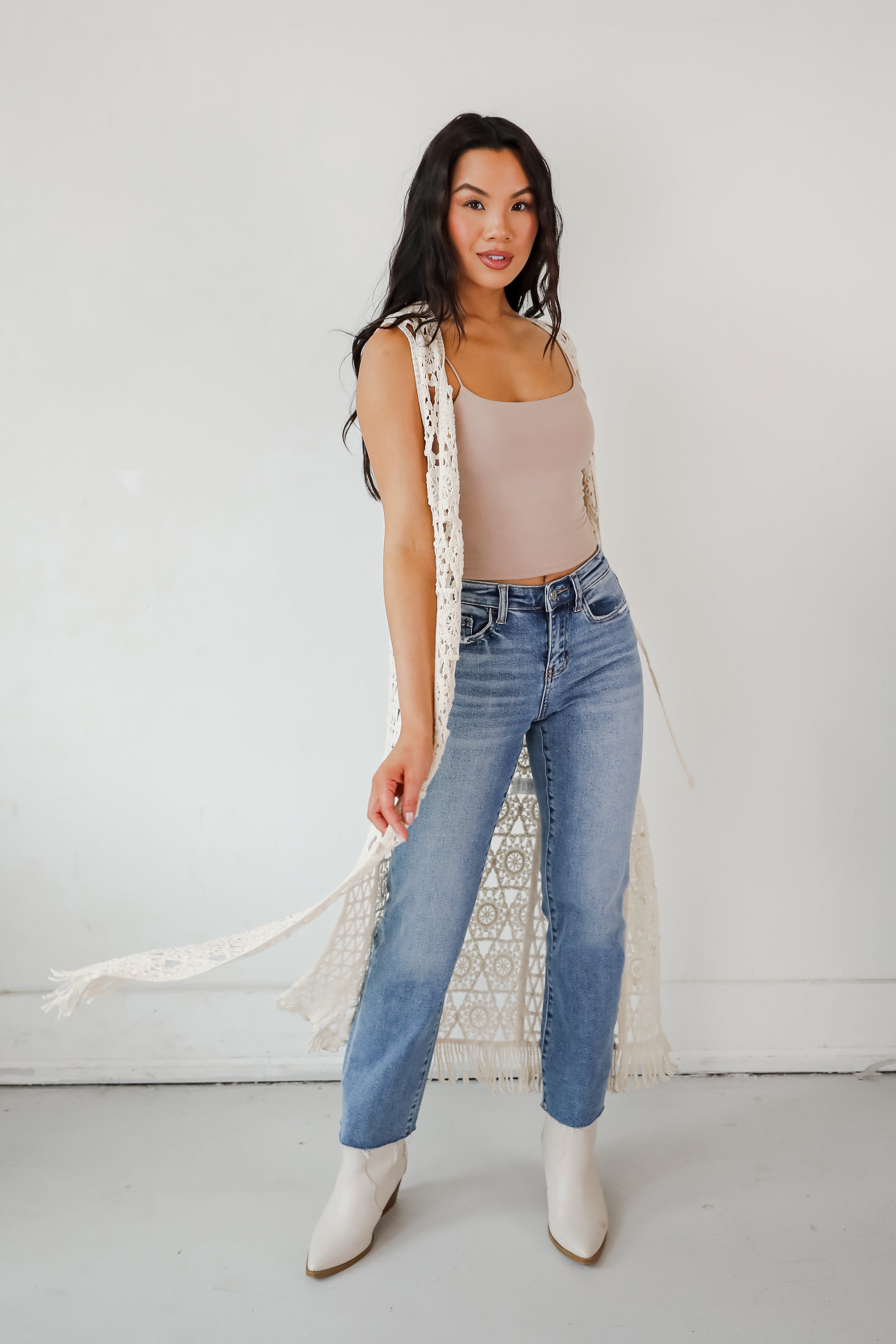 Beige Crochet Longline Vest for Women - Boho Beach Cover Up, Summer Layering Piece, Casual Outfit Styler - Perfect for Beach Vacations, Music Festivals & Outdoor Adventures