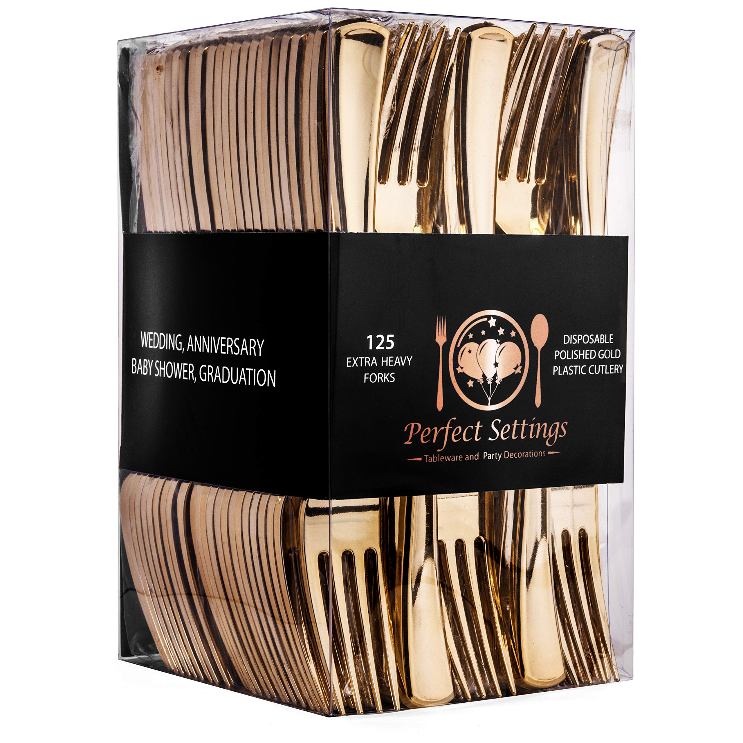 125 Gold Plastic Forks - Elegant Disposable Cutlery Set for Weddings, Parties & Events | Heavy Duty Polished Flatware | Perfect for Desserts, Banquets & Catering (Gold, 125 Count)
