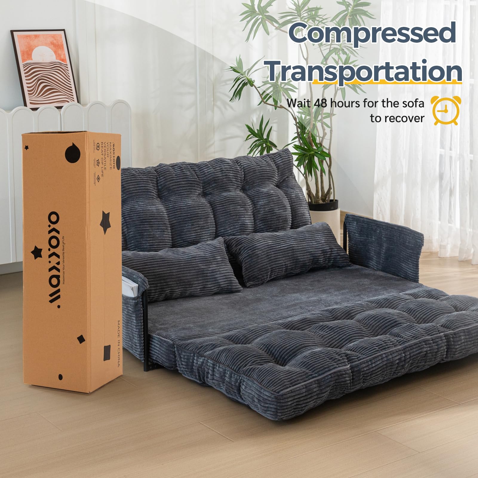 MAXYOYO Adjustable Floor Sofa Bed with 2 Pillows - Multi Functional Bean Bag Sleeper Bed with Armrest for Reading, Gaming & Lounging - Dark Grey - Perfect for Small Spaces, Dorm Rooms & Home Theater Seating