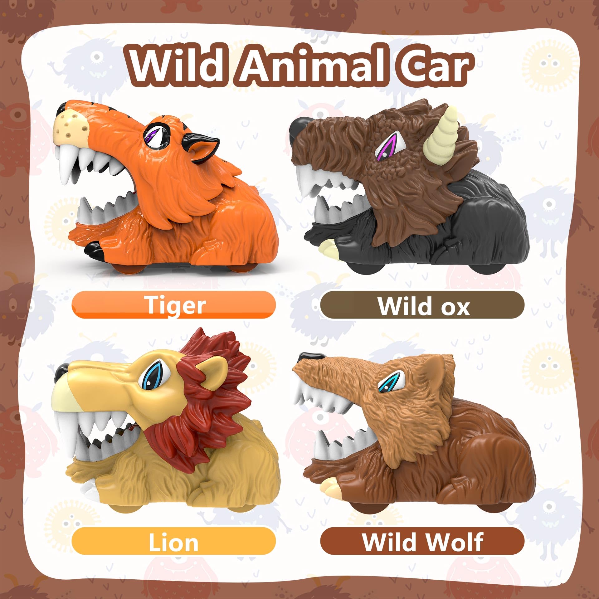 **Monster Trucks & Jungle Animal Race Car Toys Set - 4 Pack Push and Go Pull Back Vehicles for Kids Ages 3-7 - Perfect for Boys & Girls Birthday Gifts, Indoor Play, and Toddler Racing Games**